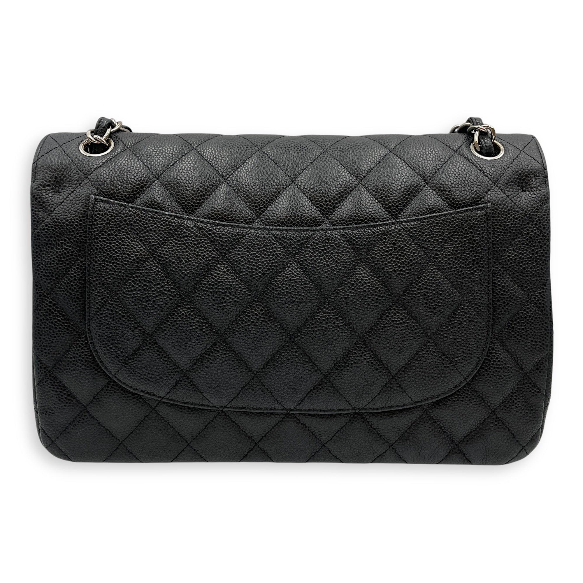 Classic Jumbo (DF) Black Shoulder Bag in Caviar Leather, Silver hardware