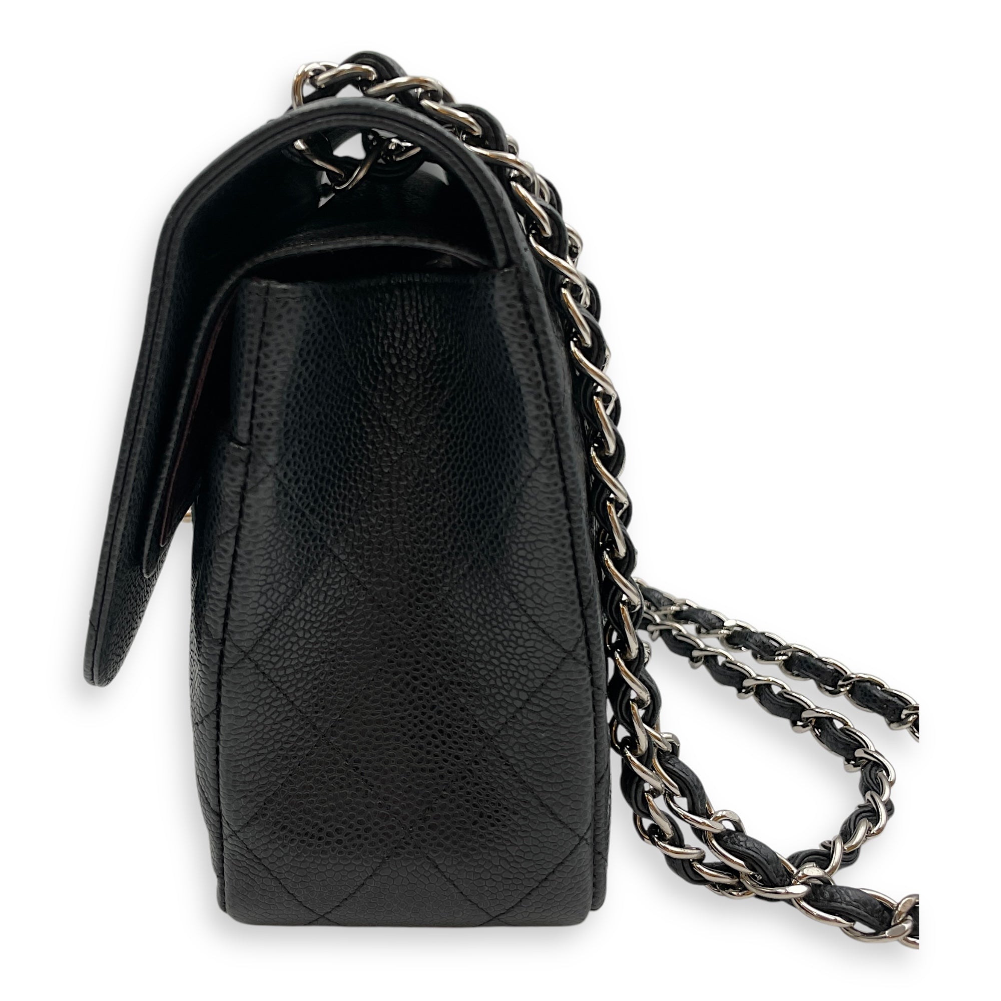 Classic Jumbo (DF) Black Shoulder Bag in Caviar Leather, Silver hardware