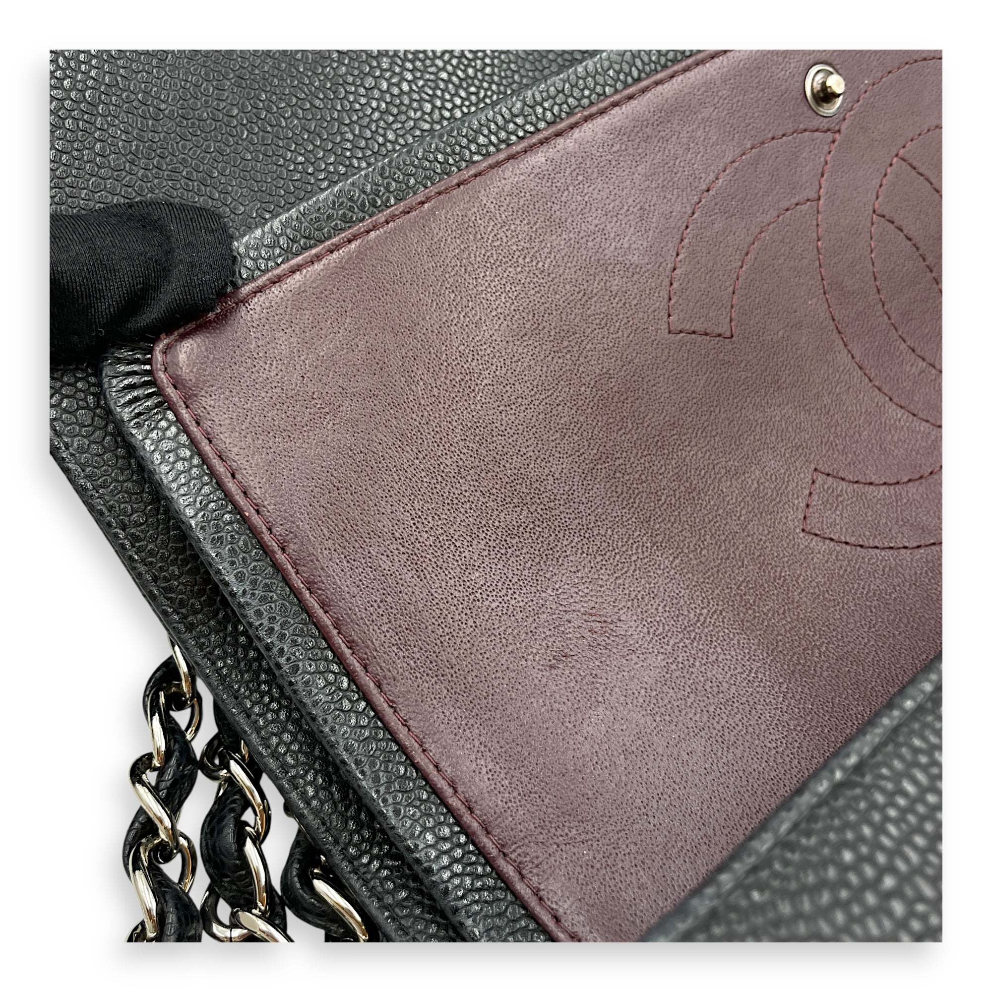 Classic Jumbo (DF) Black Shoulder Bag in Caviar Leather, Silver hardware
