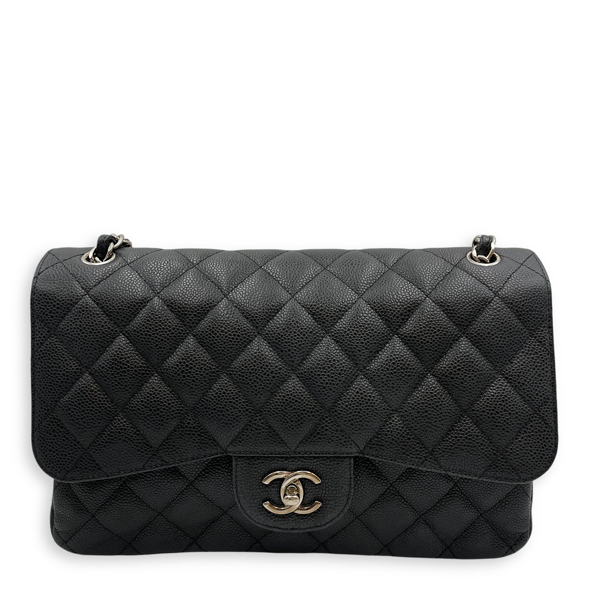 Classic Jumbo (DF) Black Shoulder Bag in Caviar Leather, Silver hardware