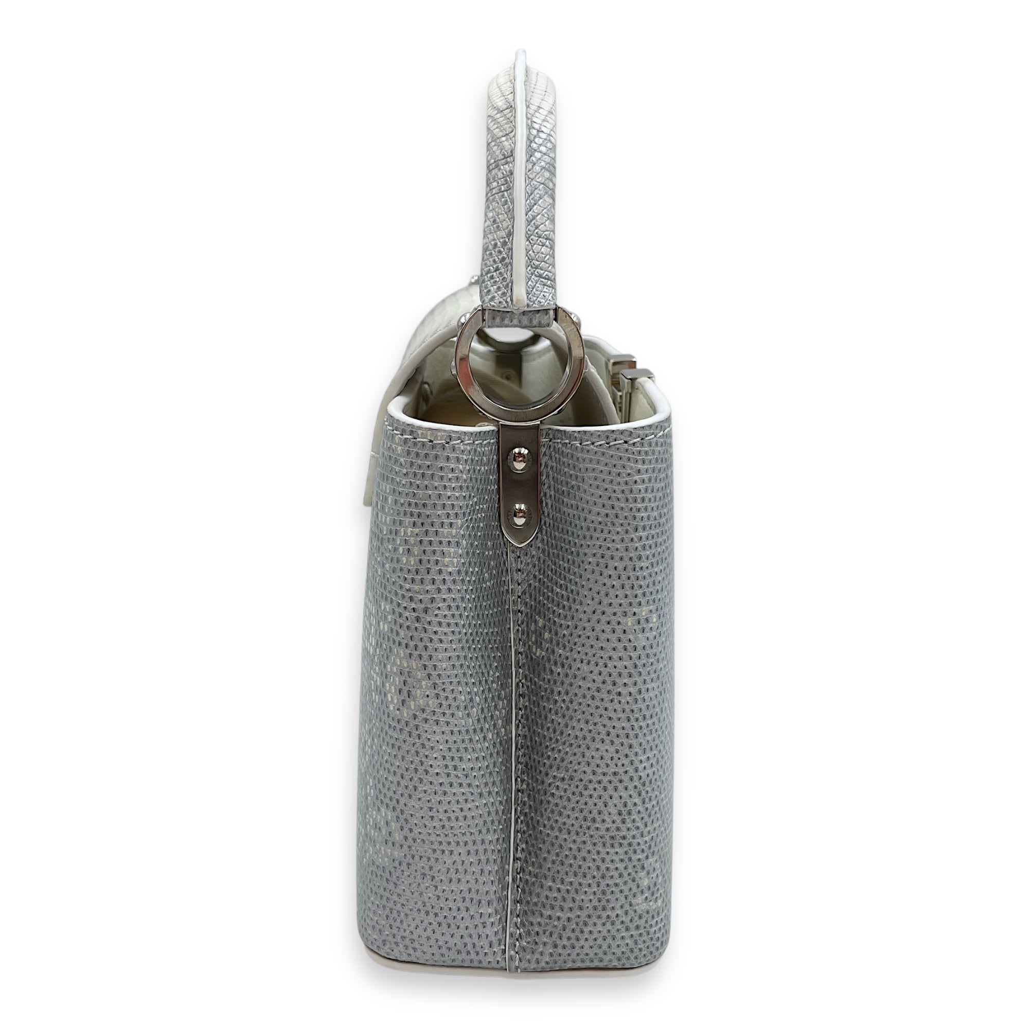 Capucines Mini White Shoulder Bag in Lizard Varanus Niloticus, Palladium hardware