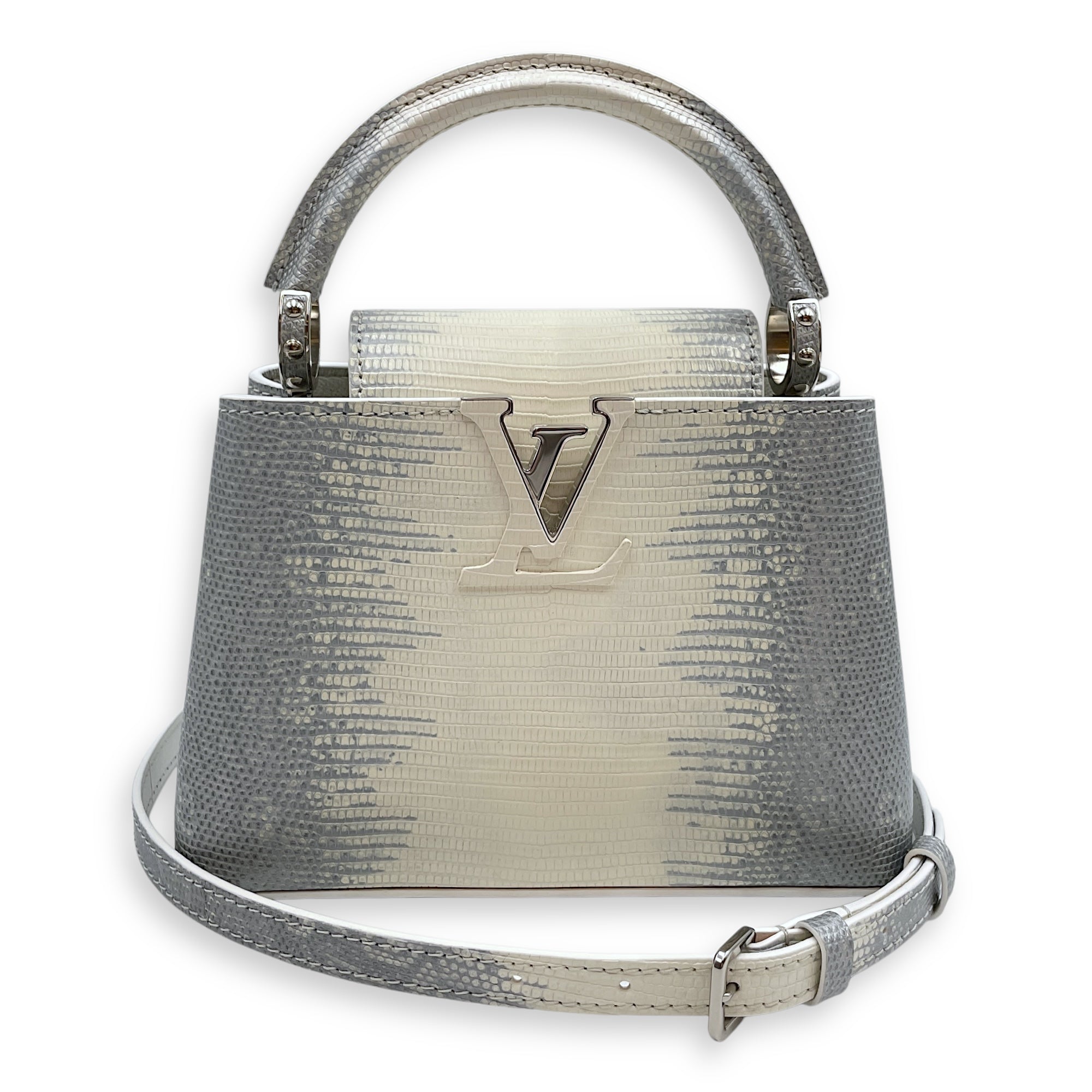 Capucines Mini White Shoulder Bag in Lizard Varanus Niloticus, Palladium hardware