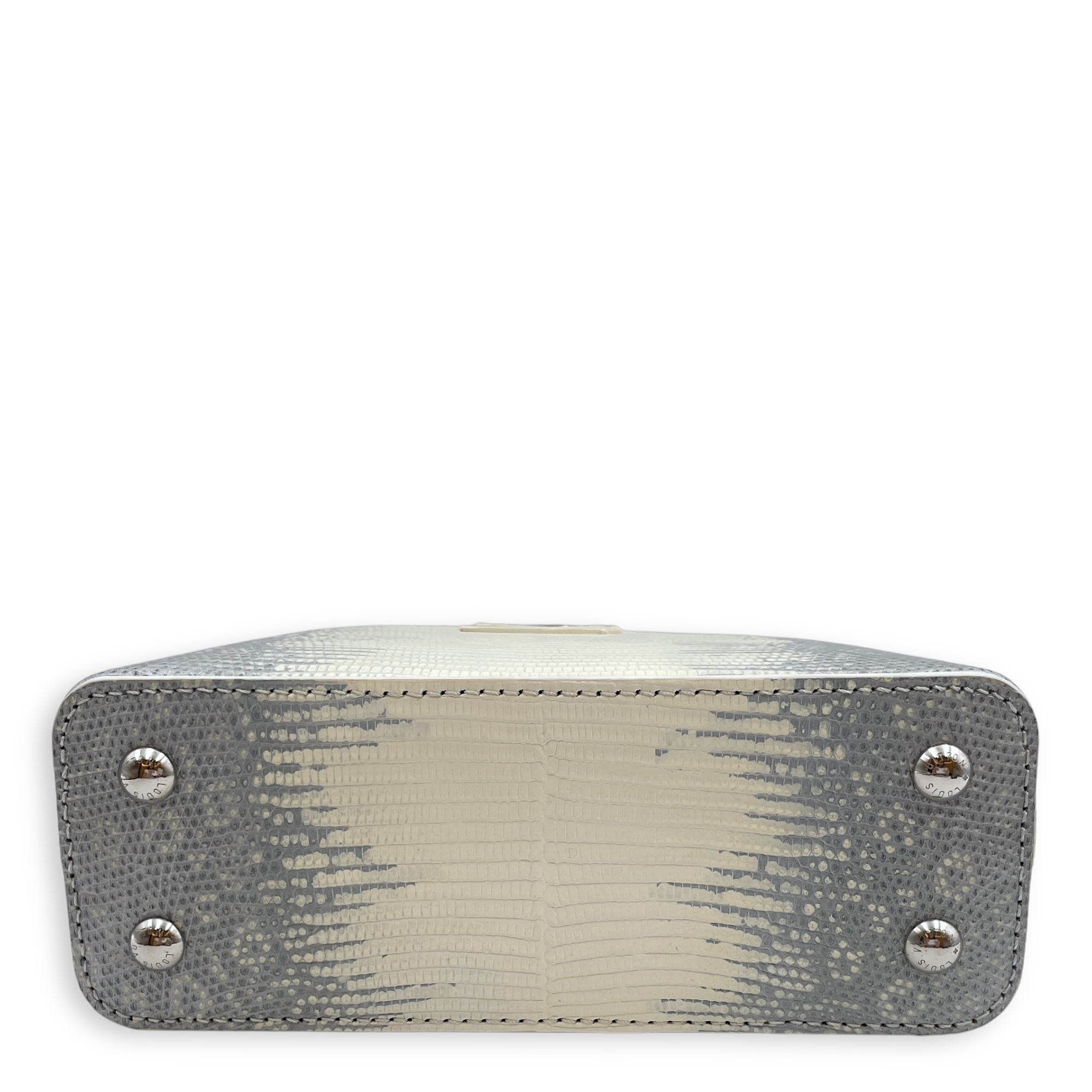 Capucines Mini White Shoulder Bag in Lizard Varanus Niloticus, Palladium hardware