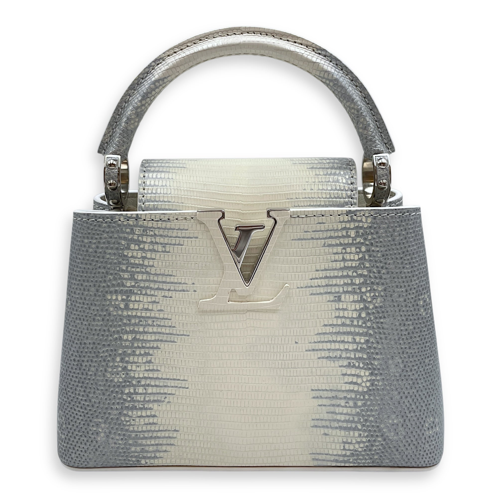 Capucines Mini White Shoulder Bag in Lizard Varanus Niloticus, Palladium hardware