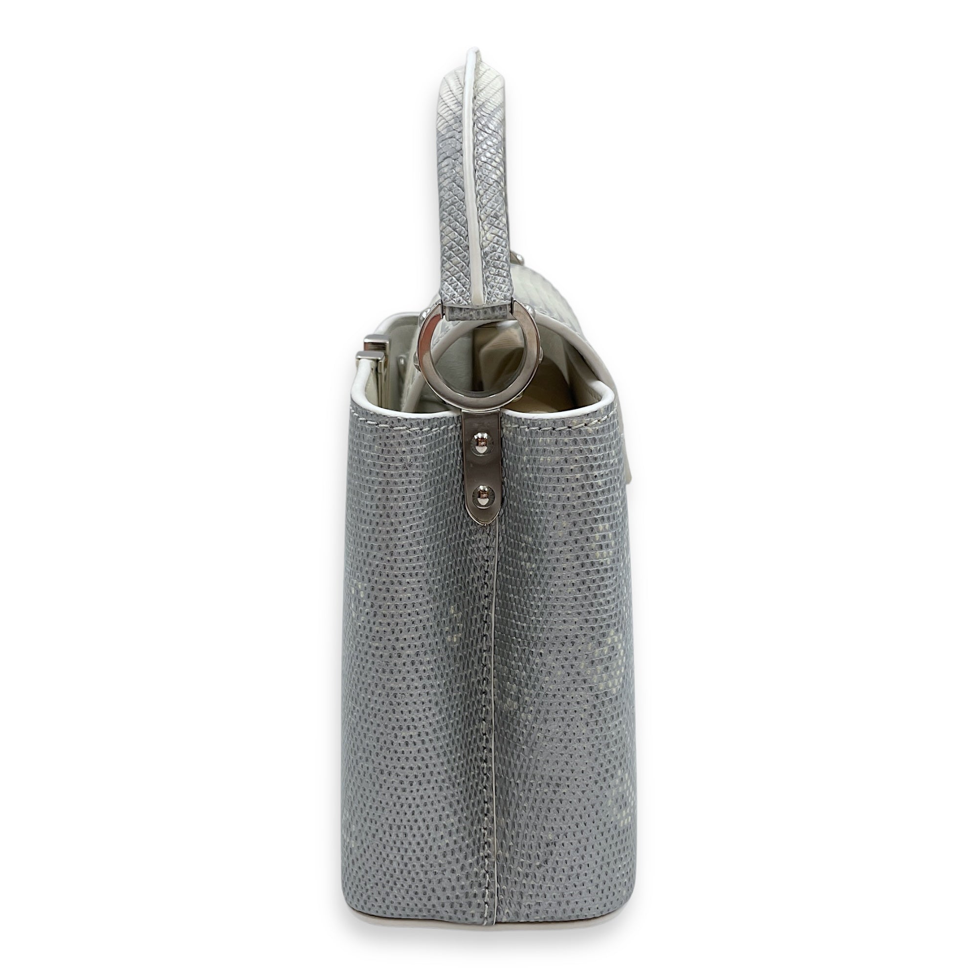 Capucines Mini White Shoulder Bag in Lizard Varanus Niloticus, Palladium hardware
