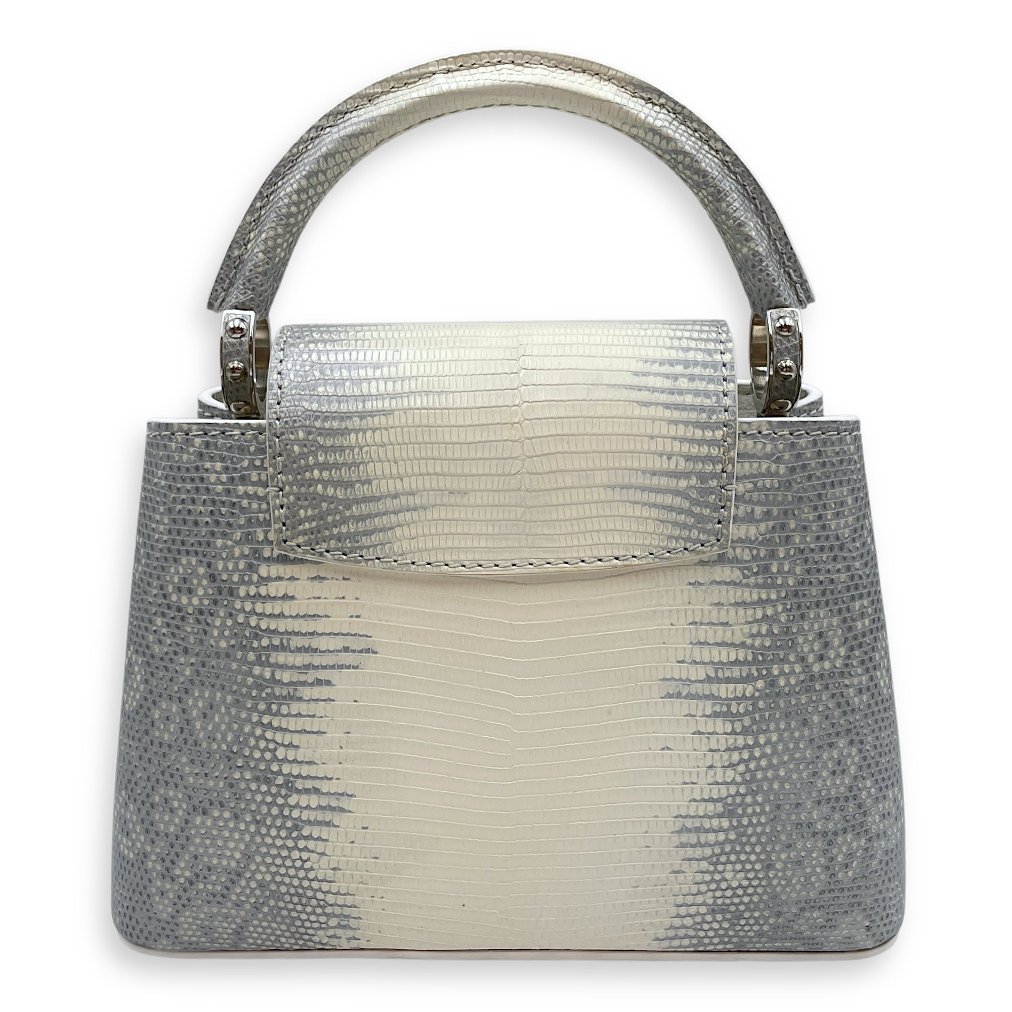 Capucines Mini White Shoulder Bag in Lizard Varanus Niloticus, Palladium hardware