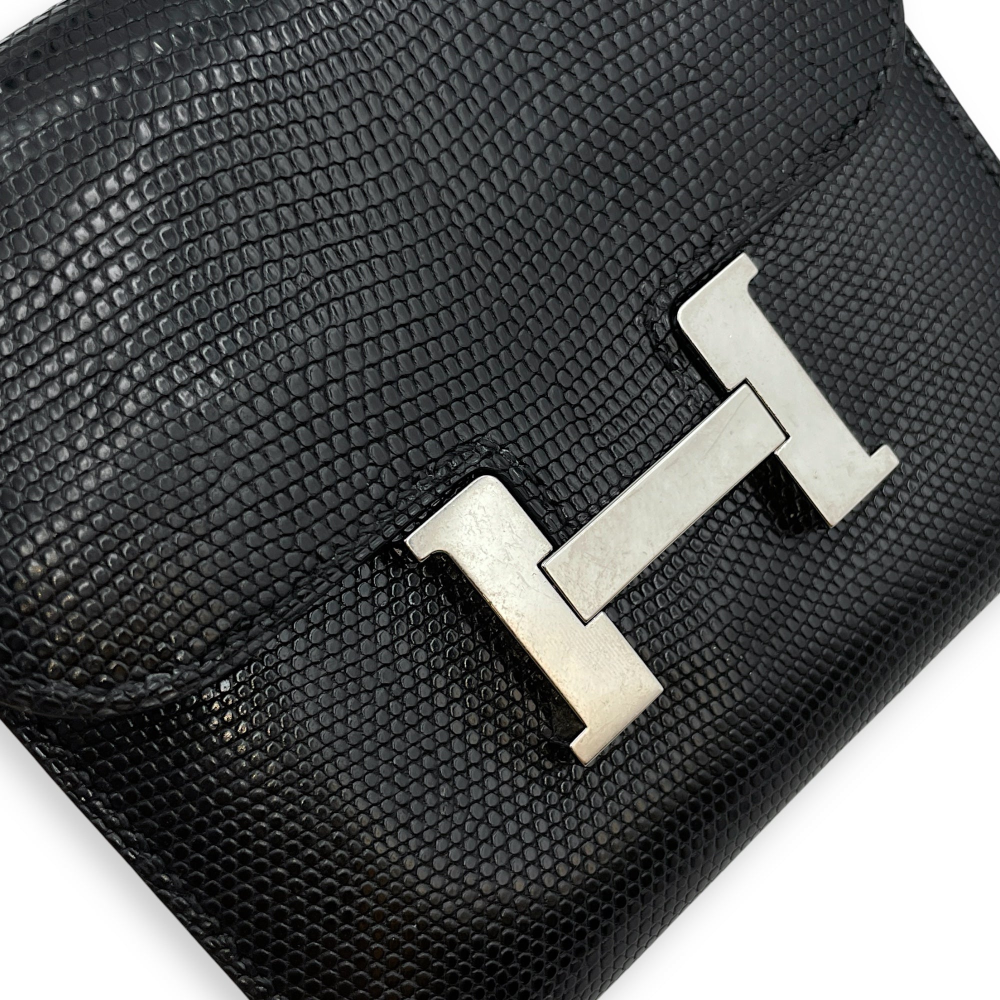 Constance Compact Black Wallet in Lizard Varanus Niloticus, Palladium hardware