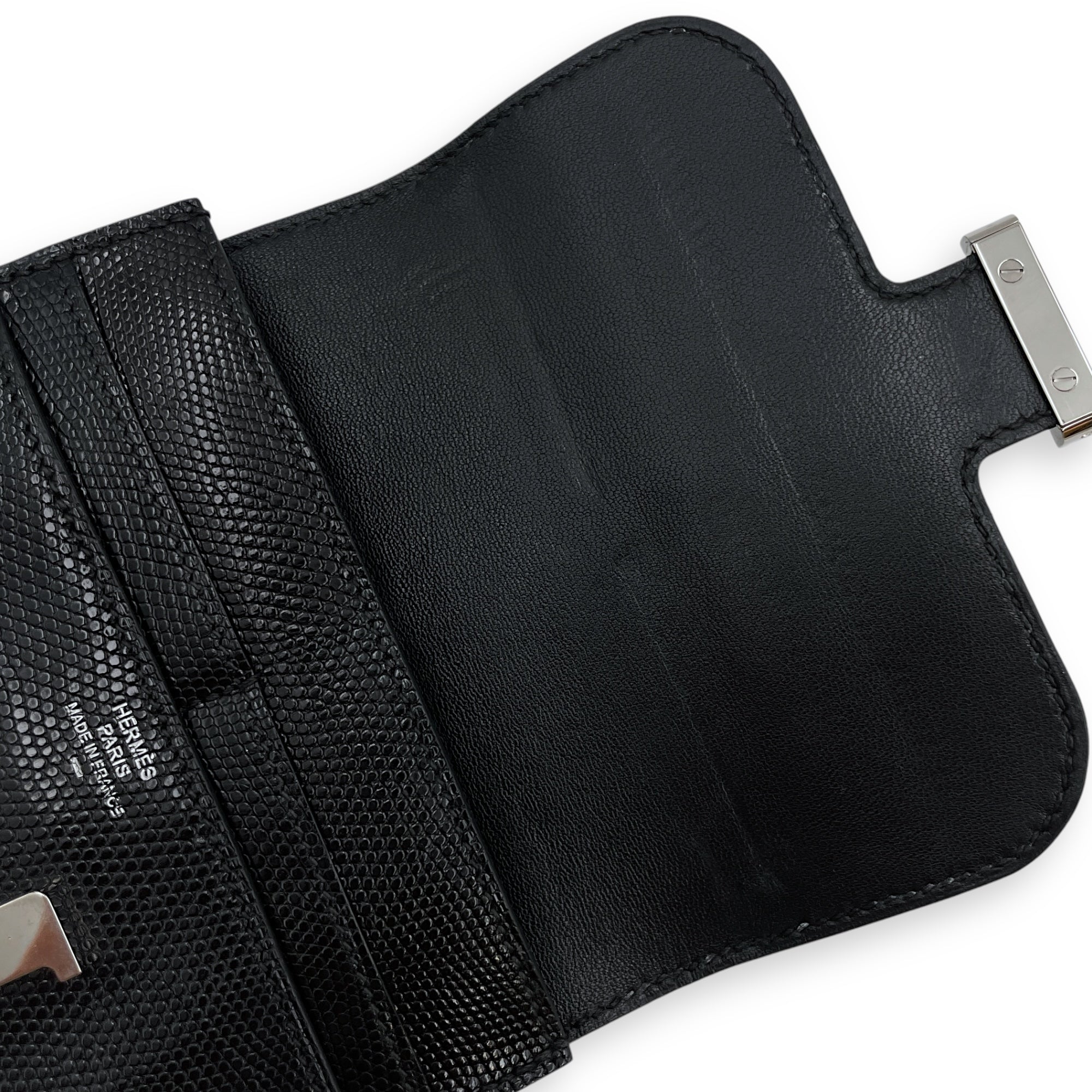 Constance Compact Black Wallet in Lizard Varanus Niloticus, Palladium hardware