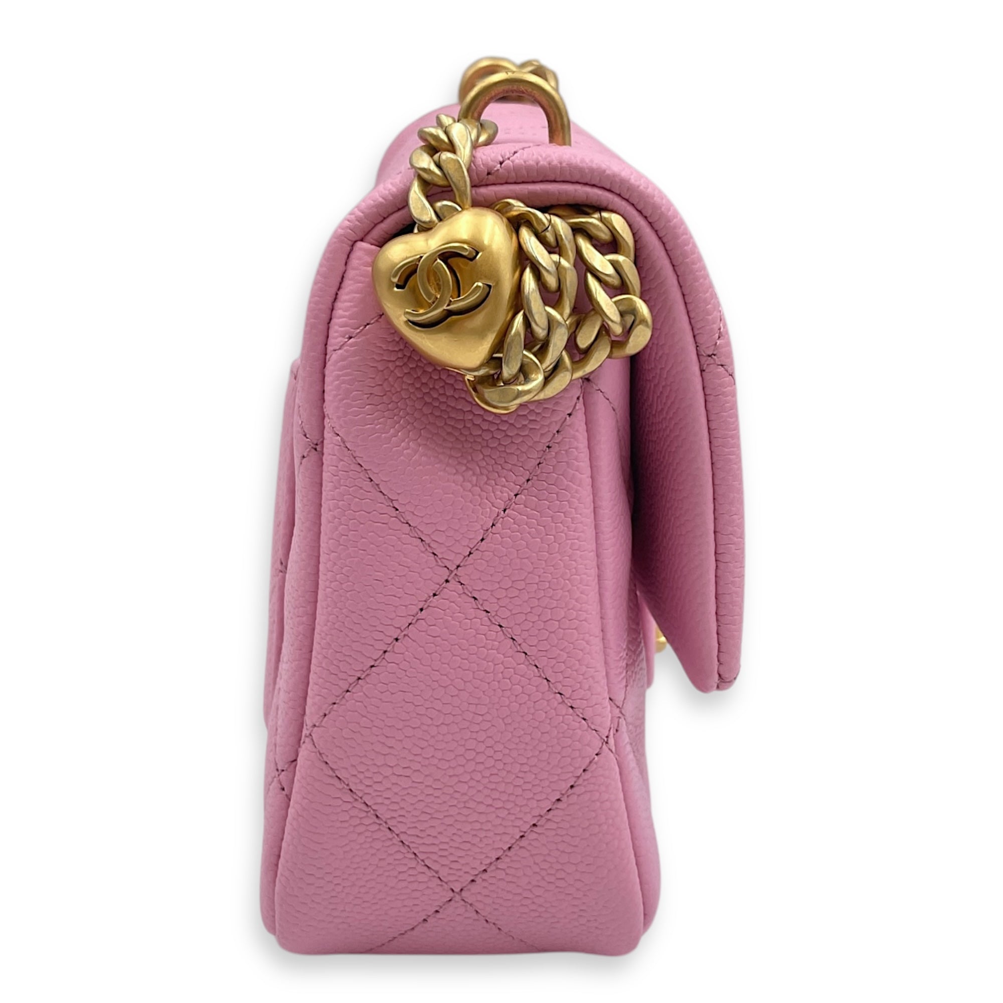 23P Quilted Flap Mini Pink Shoulder Bag in Caviar Leather, Gold hardware