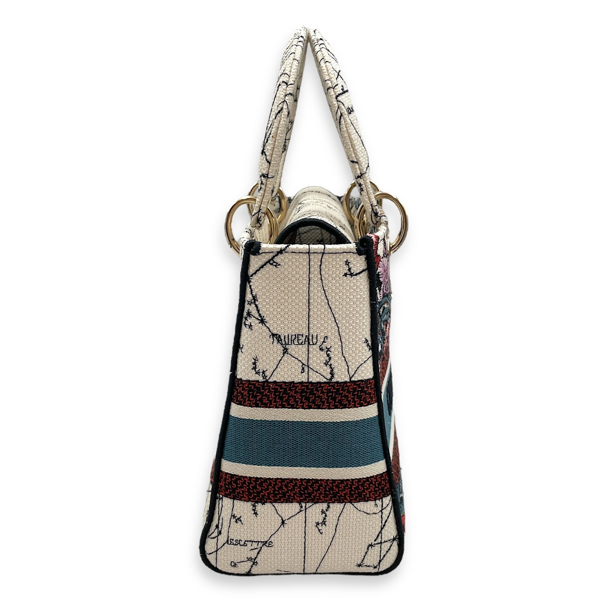 Lady Dior D Lite Medium White Top Handle Bag in Canvas, Gold hardware
