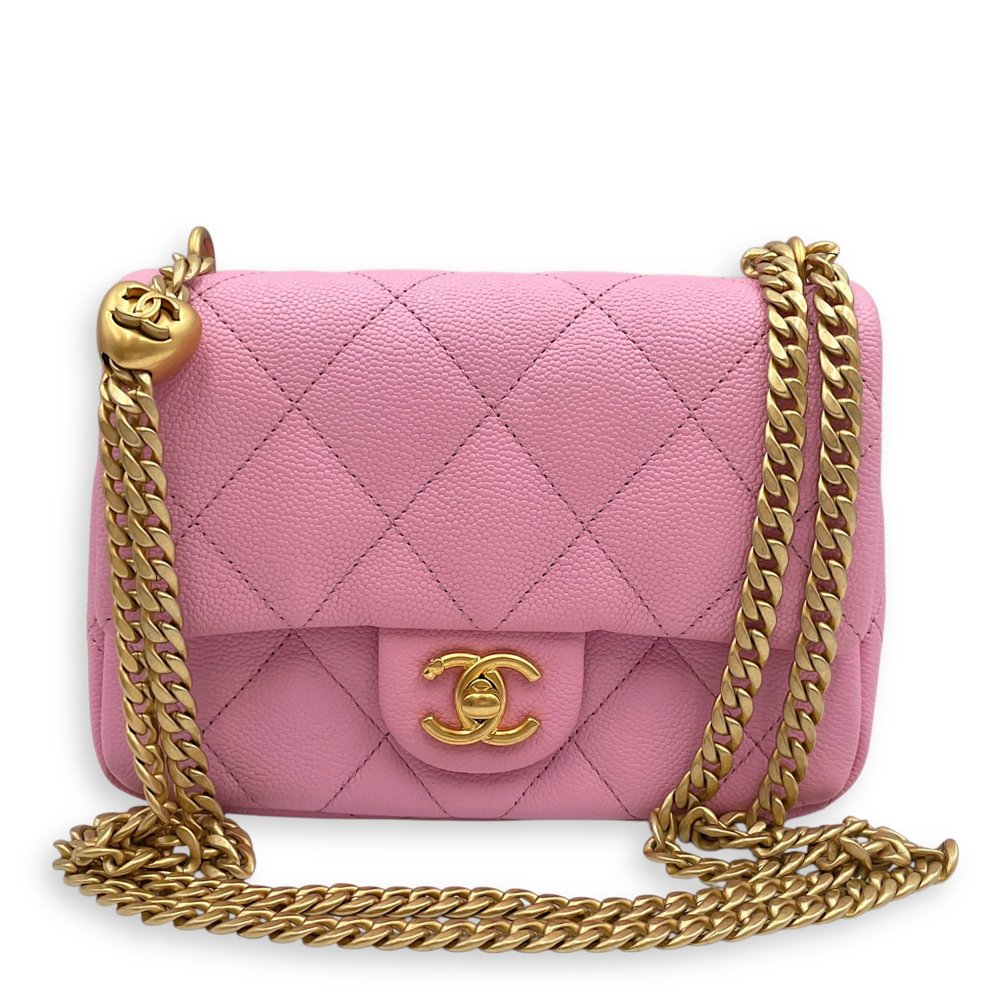 23P Quilted Flap Mini Pink Shoulder Bag in Caviar Leather, Gold hardware