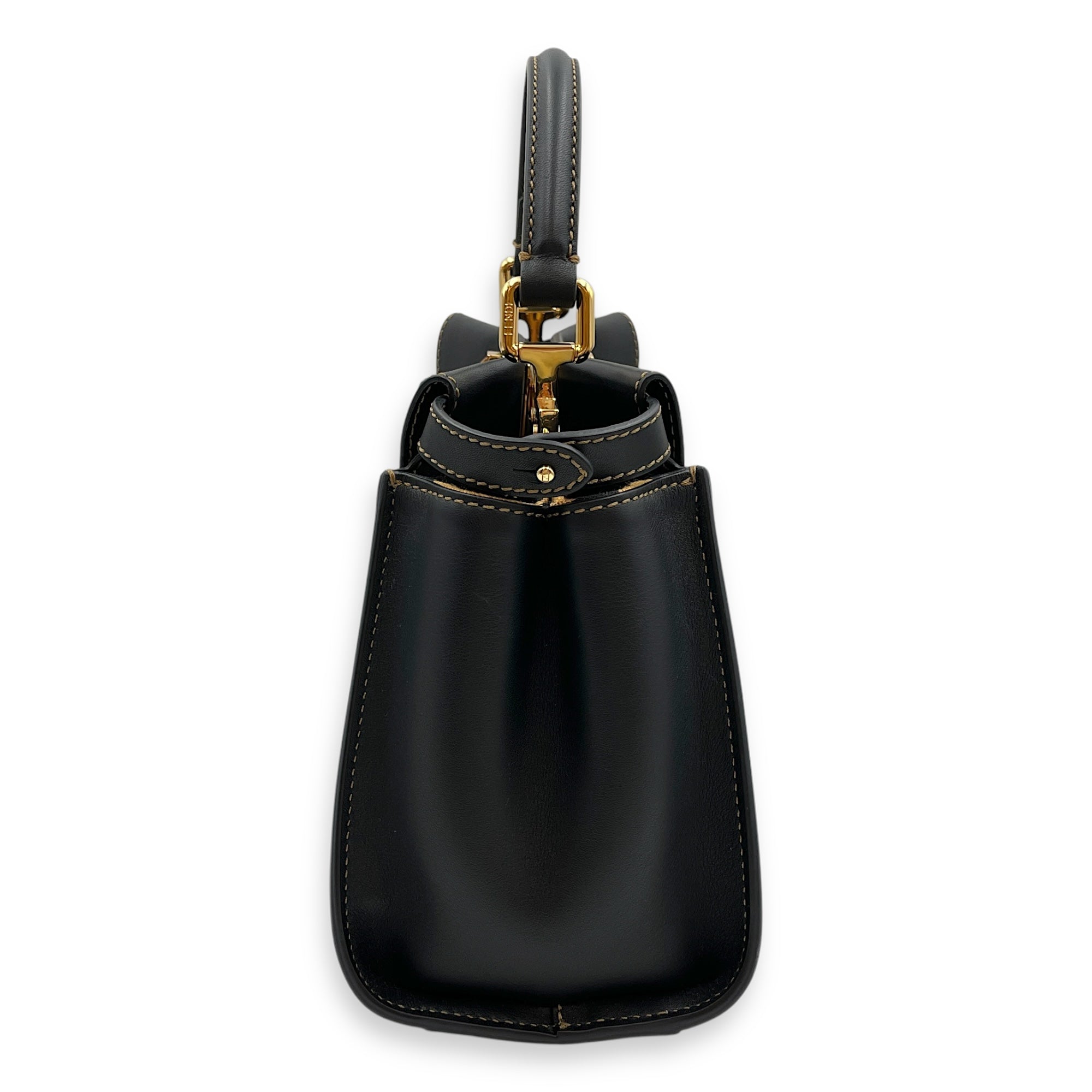 Peekaboo with Interior Tiger Print Small Black Top Handle Bag in Calfskin, Gold hardware