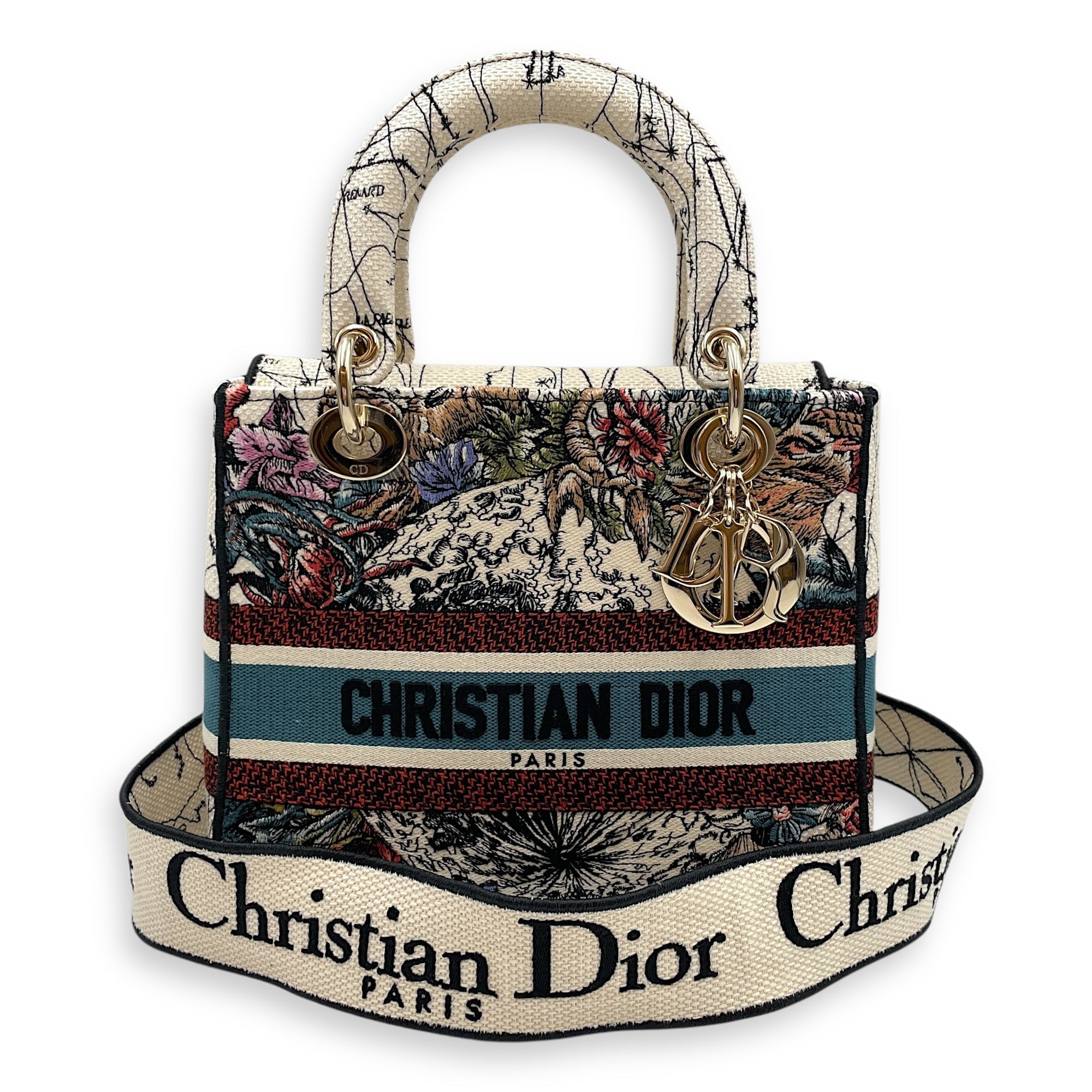 Lady Dior D Lite Medium White Top Handle Bag in Canvas, Gold hardware