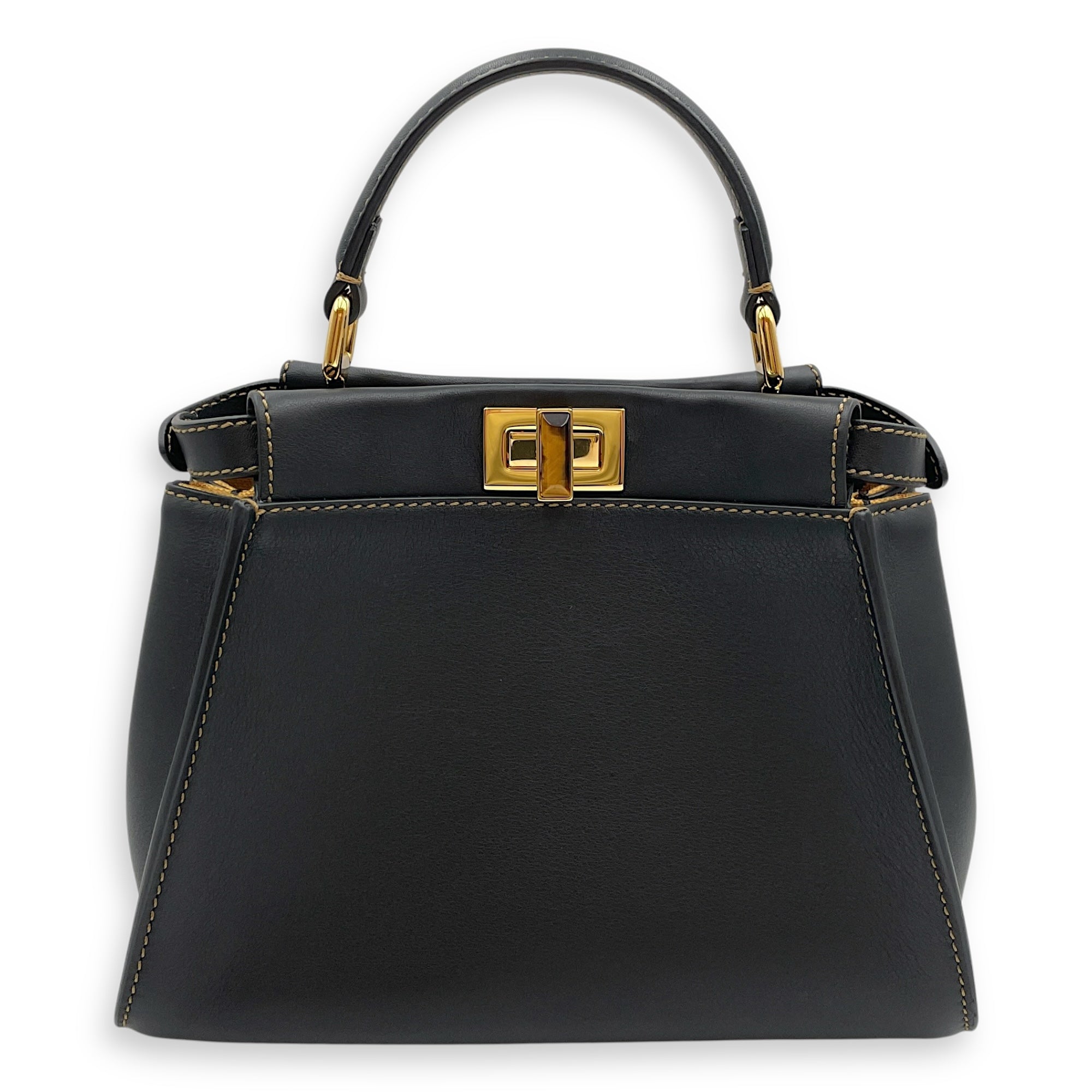 Peekaboo with Interior Tiger Print Small Black Top Handle Bag in Calfskin, Gold hardware