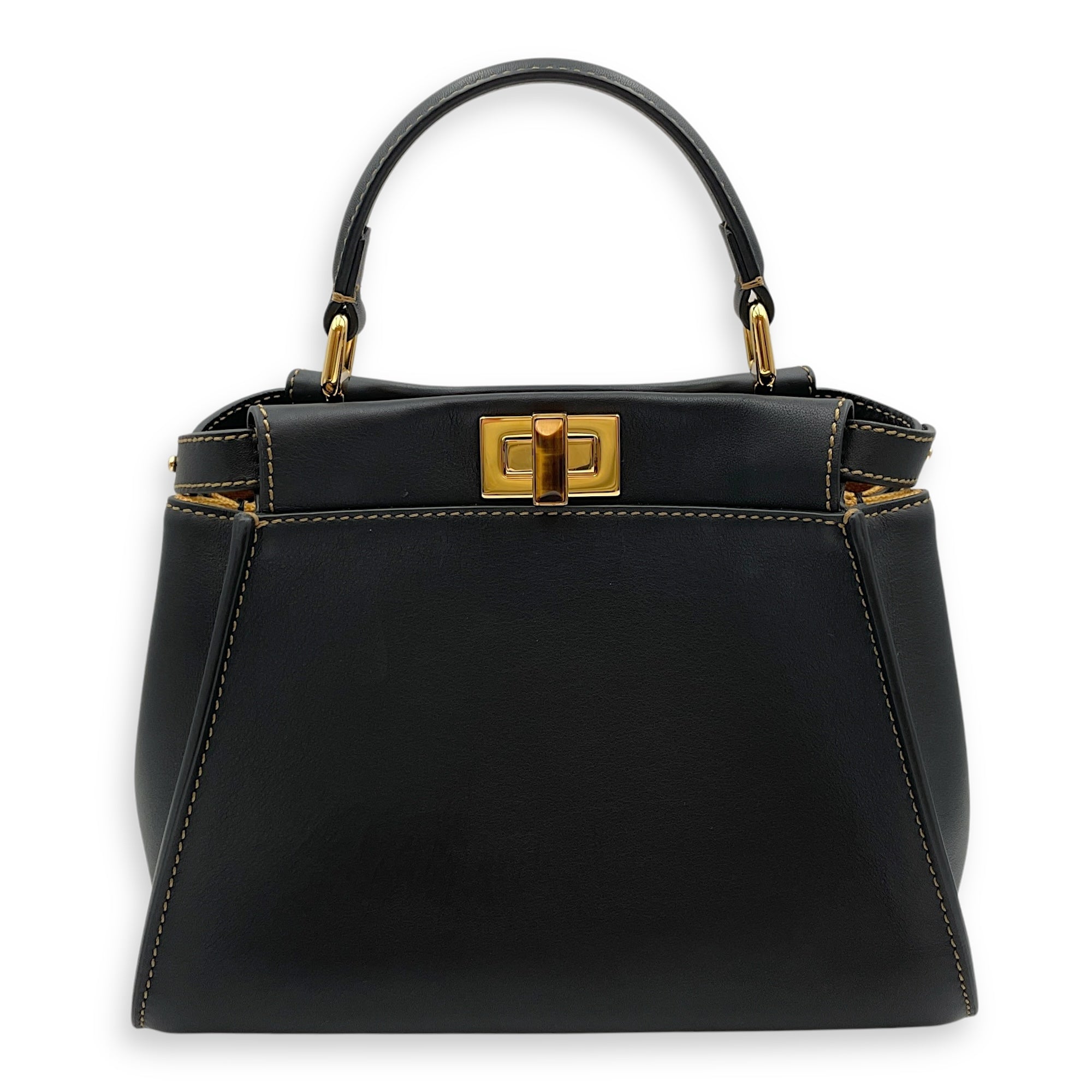 Peekaboo with Interior Tiger Print Small Black Top Handle Bag in Calfskin, Gold hardware