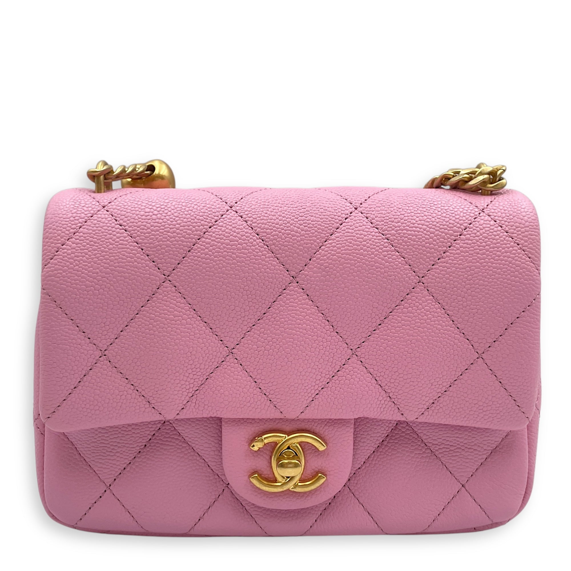 23P Quilted Flap Mini Pink Shoulder Bag in Caviar Leather, Gold hardware
