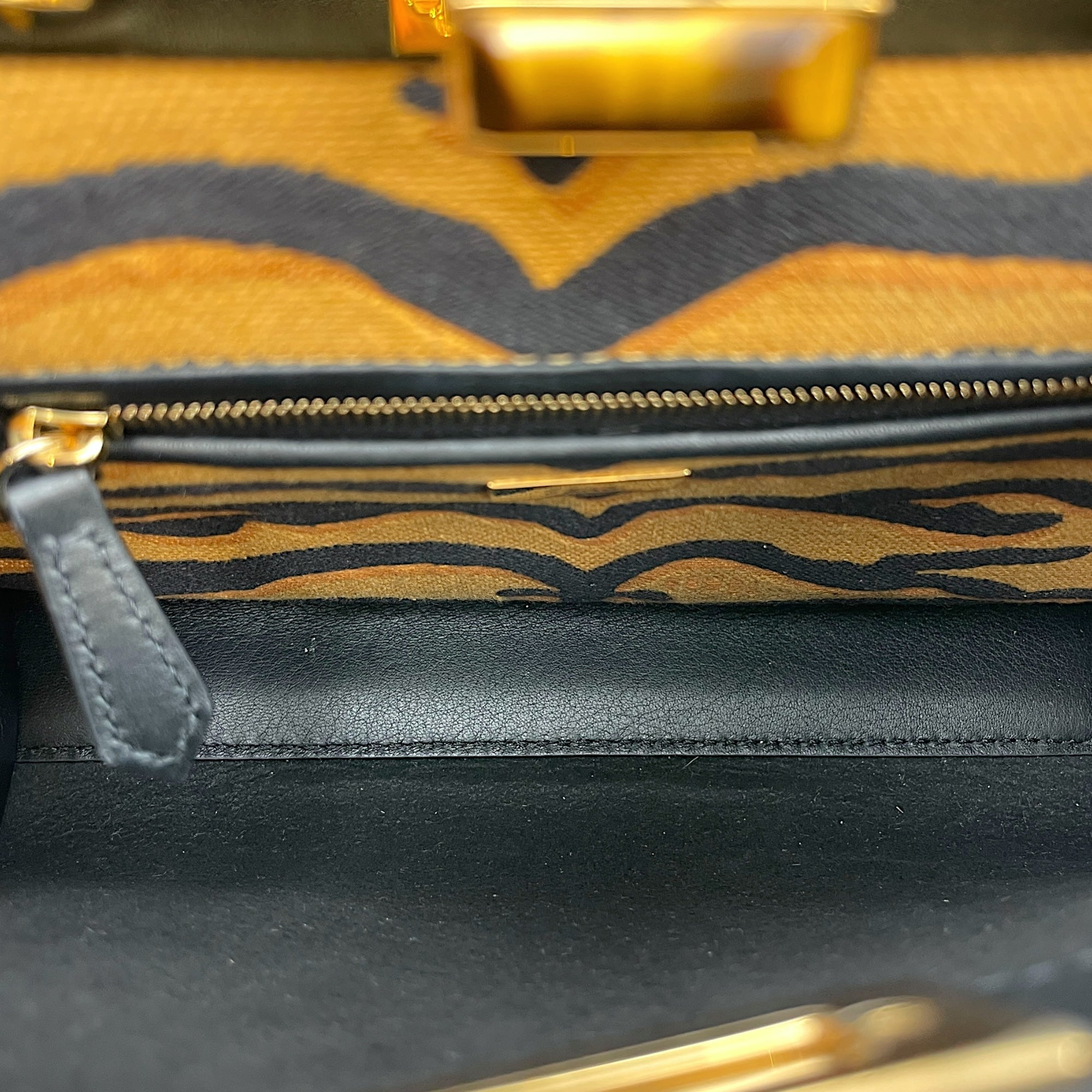 Peekaboo with Interior Tiger Print Small Black Top Handle Bag in Calfskin, Gold hardware