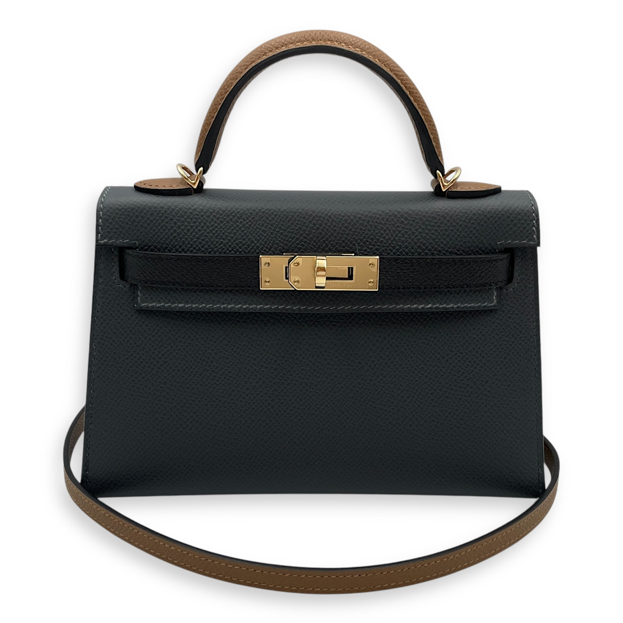 Sellier Kelly 20 Gris Misty/Noir/Alezan in Epsom, Permabrass hardware