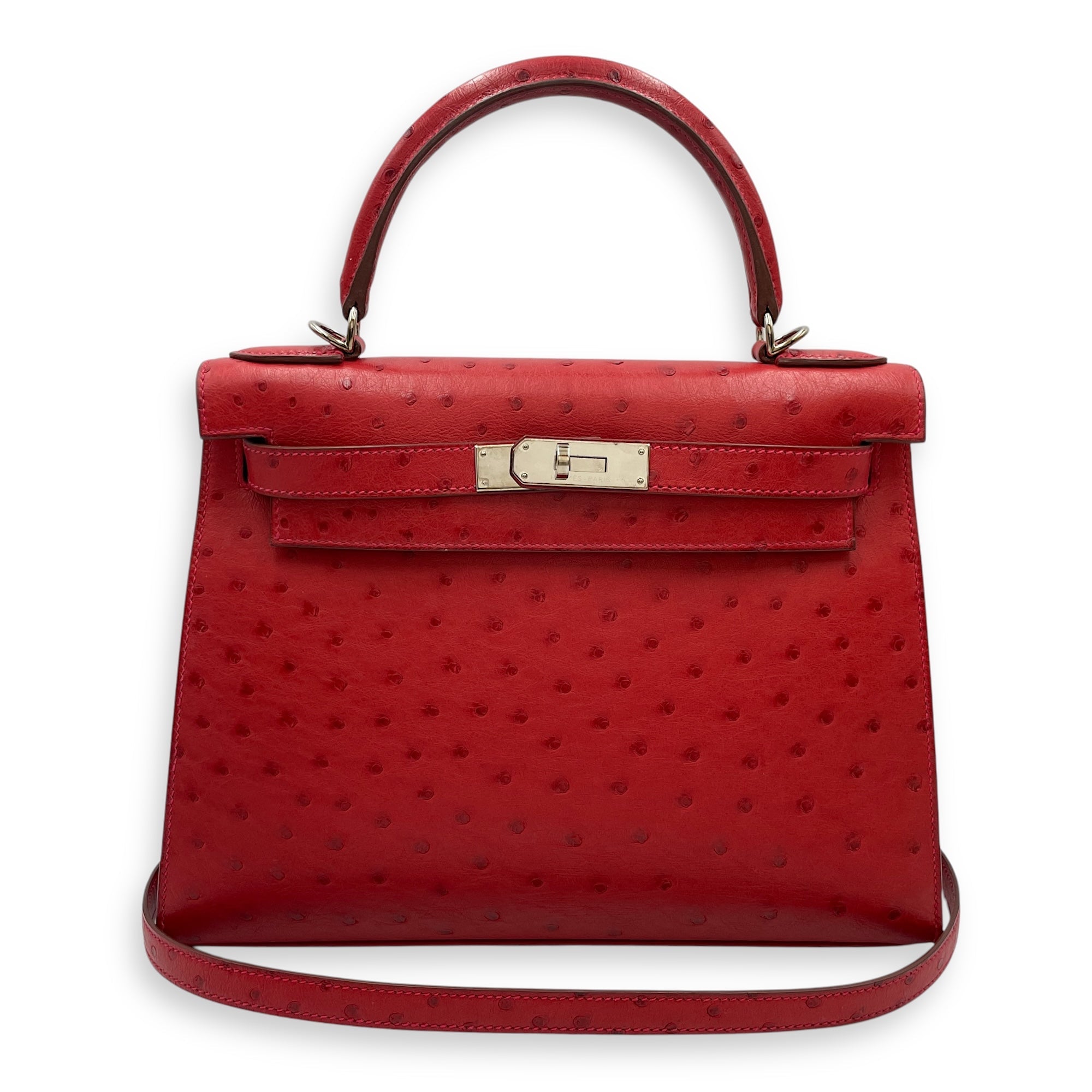 Sellier Kelly 28 Rouge Vif in Ostrich, Palladium hardware