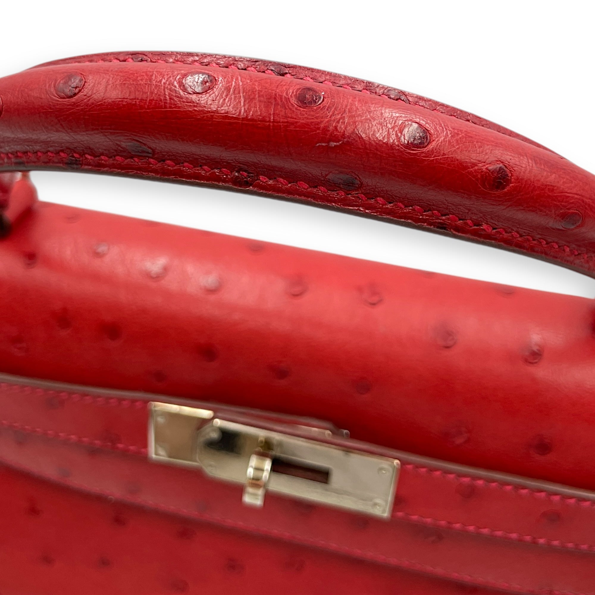 Sellier Kelly 28 Rouge Vif in Ostrich, Palladium hardware