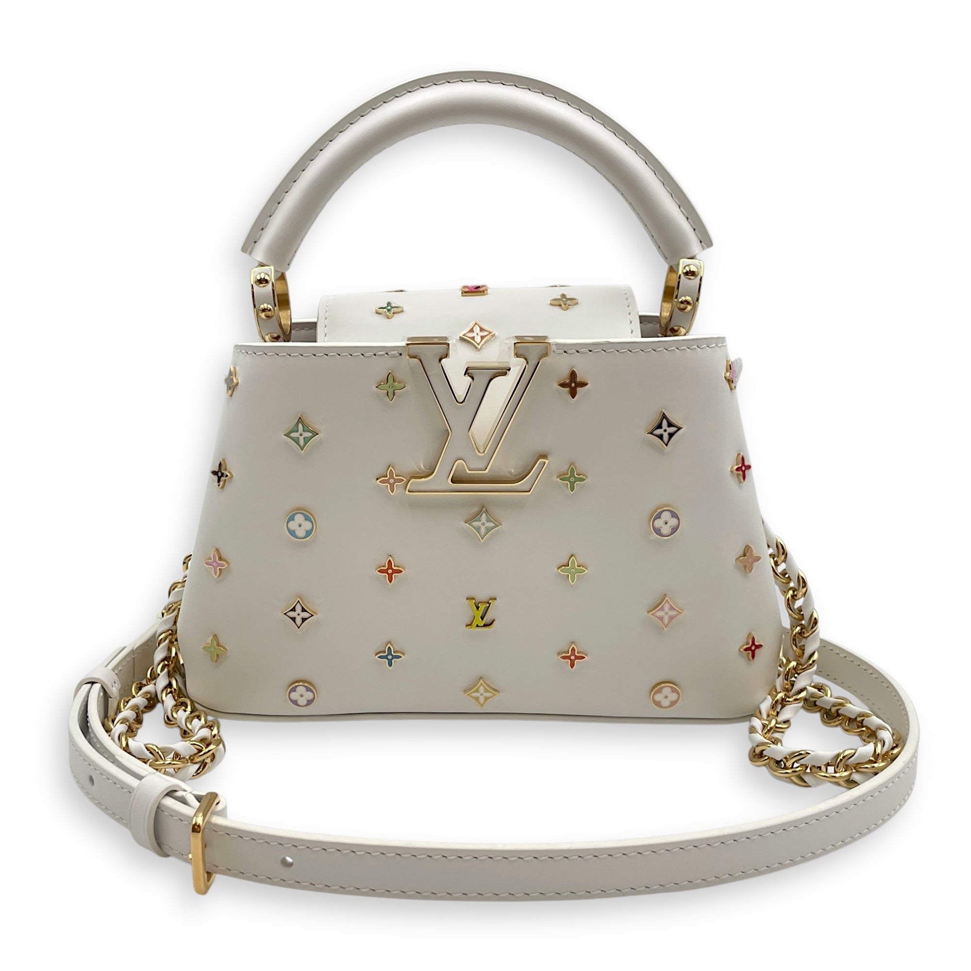 TM Capucines Murakami Mini White Top Handle Bag in Calfskin, Gold hardware