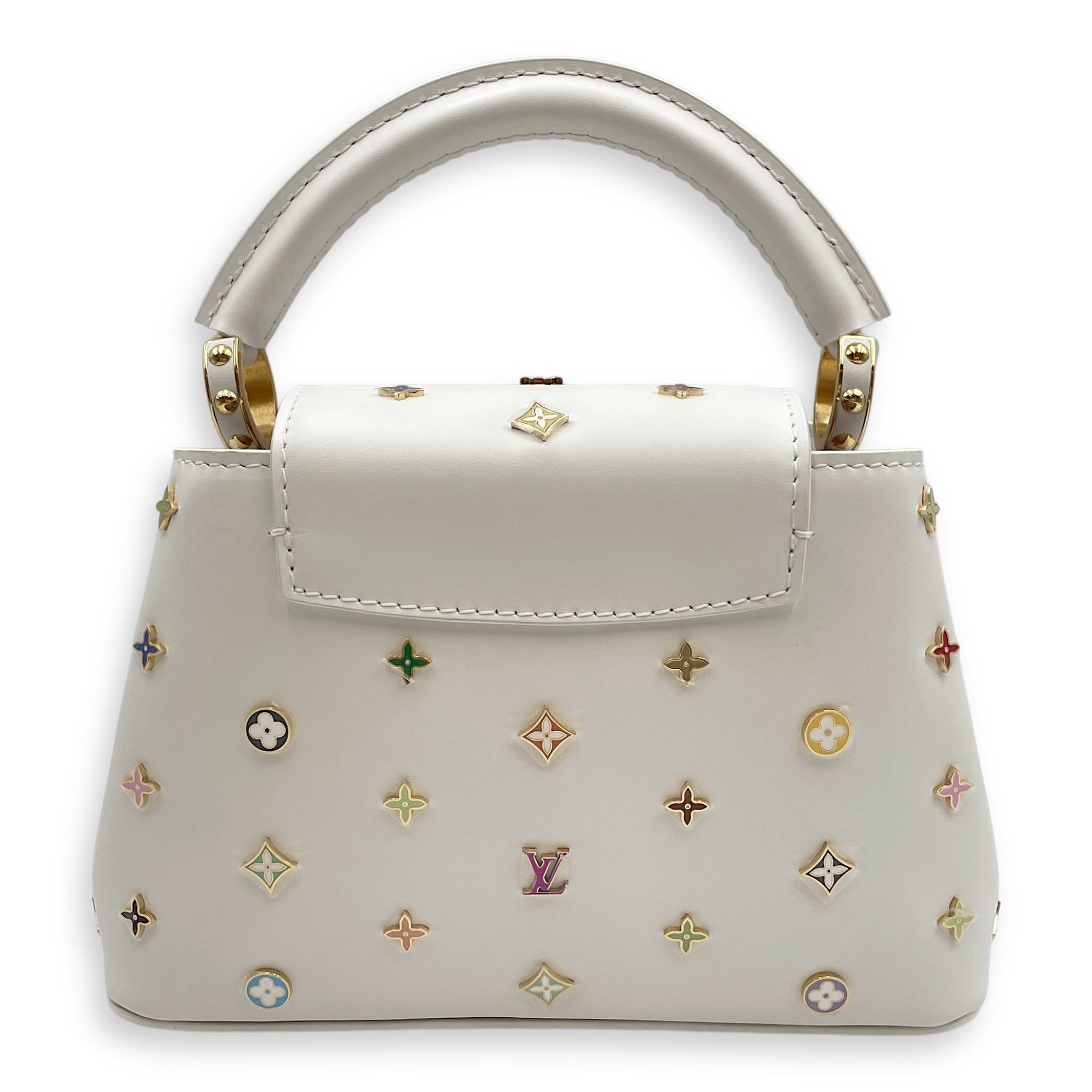 TM Capucines Murakami Mini White Top Handle Bag in Calfskin, Gold hardware