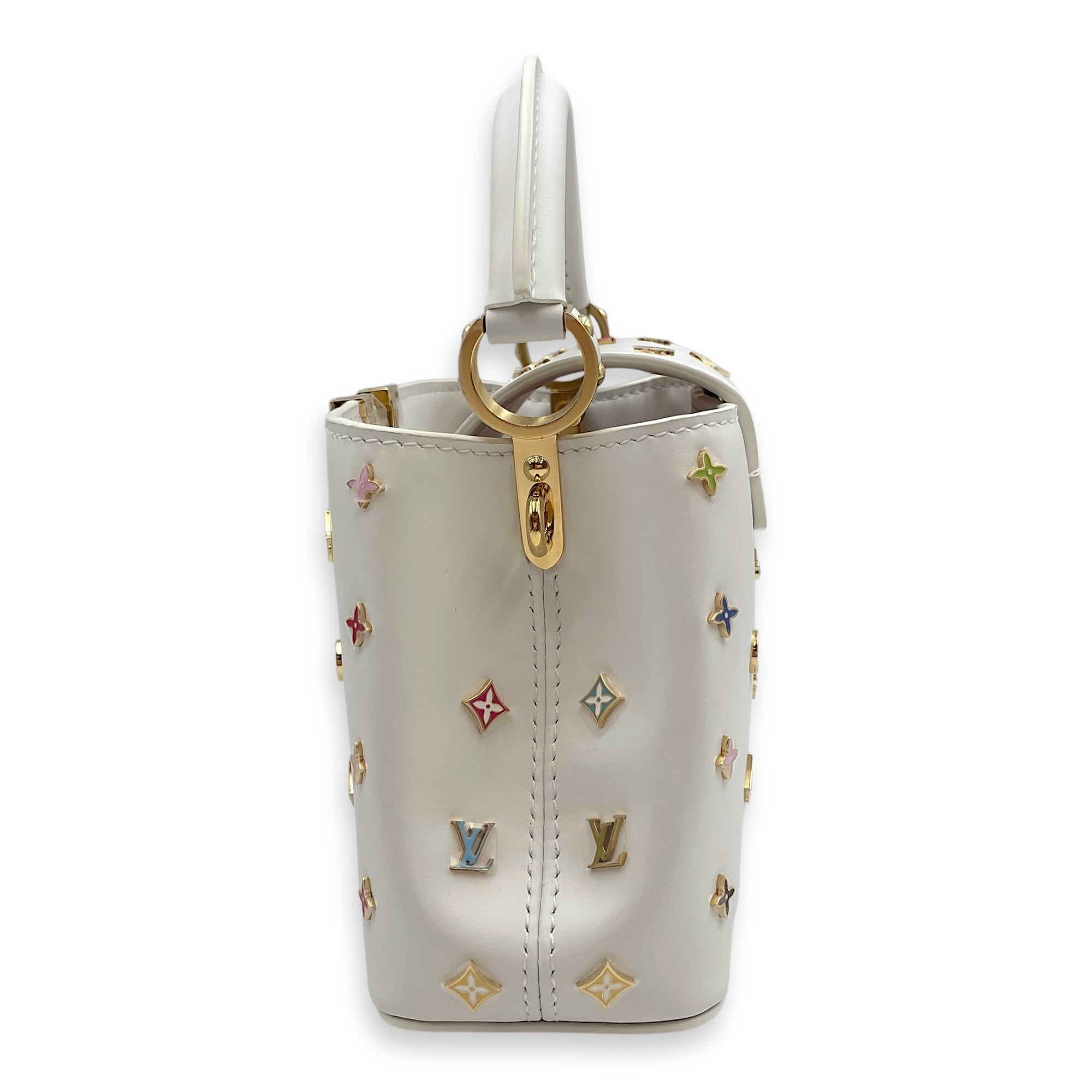 TM Capucines Murakami Mini White Top Handle Bag in Calfskin, Gold hardware