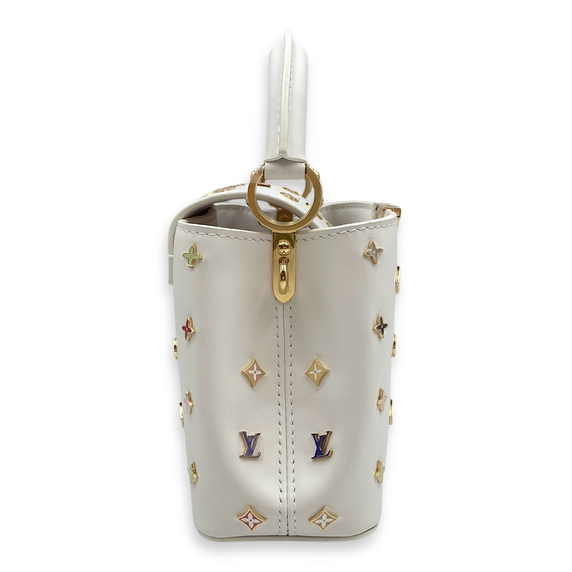 TM Capucines Murakami Mini White Top Handle Bag in Calfskin, Gold hardware
