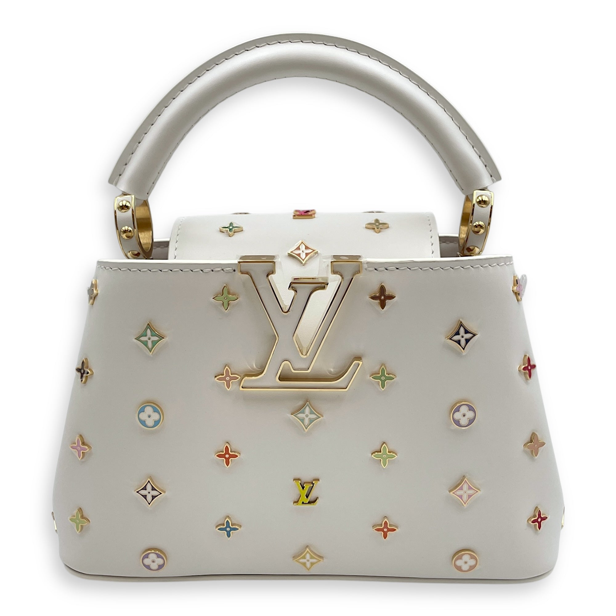 TM Capucines Murakami Mini White Top Handle Bag in Calfskin, Gold hardware