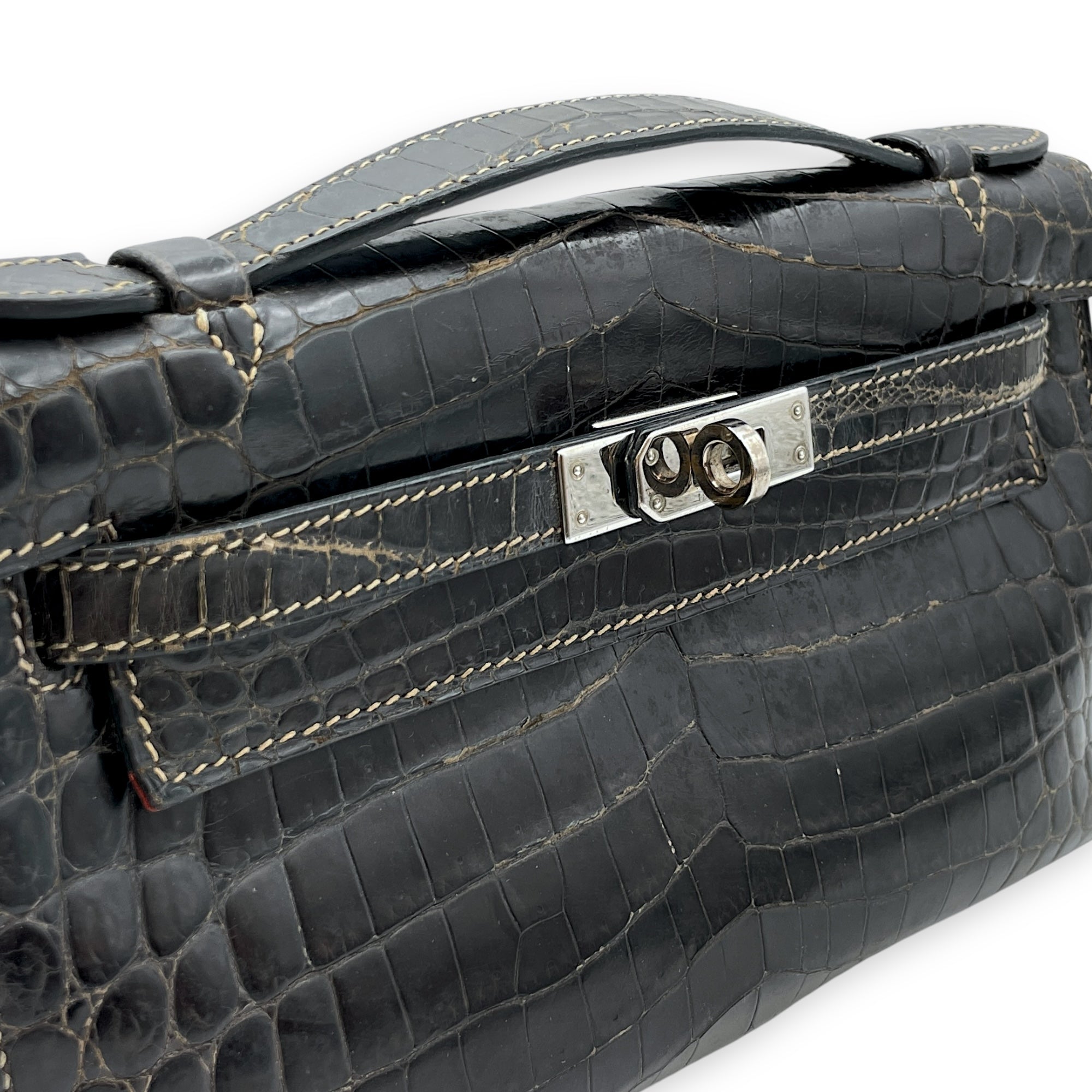 Kelly Pochette Graphite in Shiny Niloticus, Palladium hardware