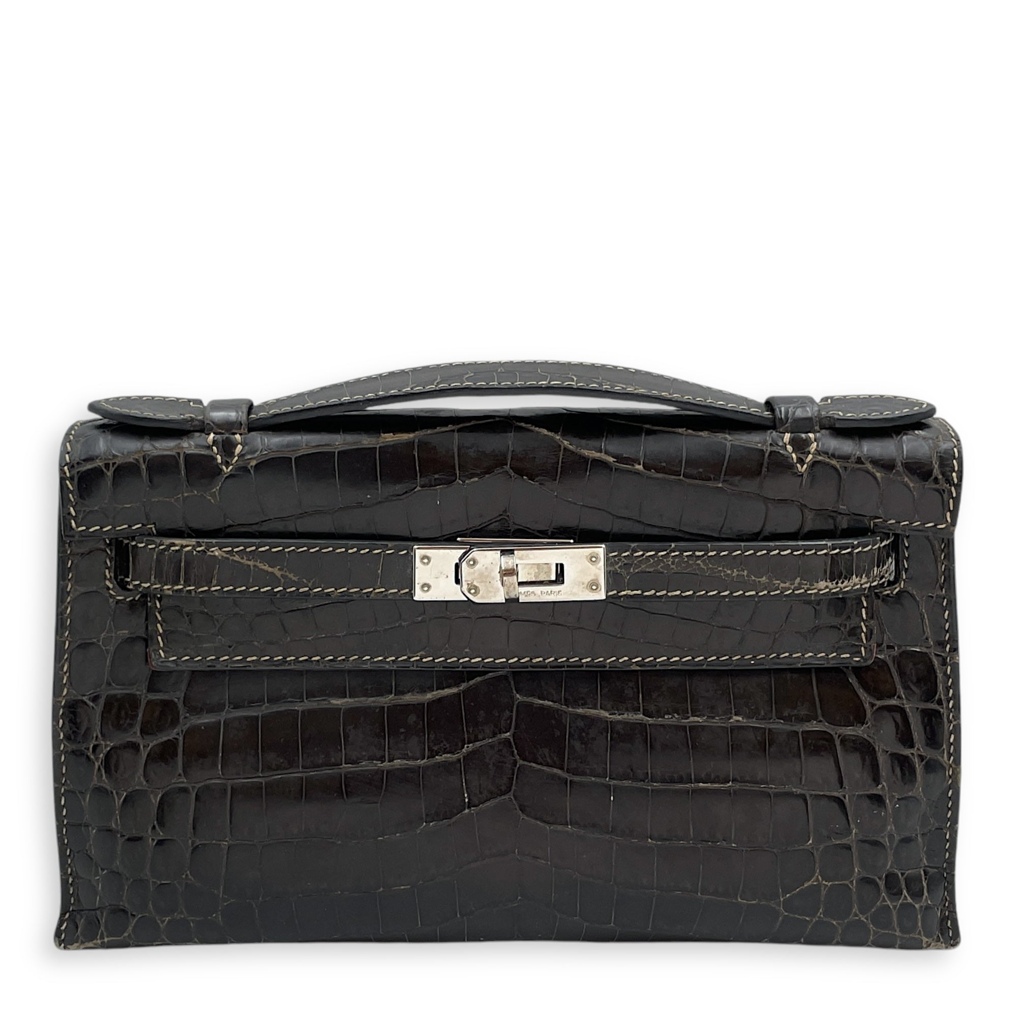 Kelly Pochette Graphite in Shiny Niloticus, Palladium hardware