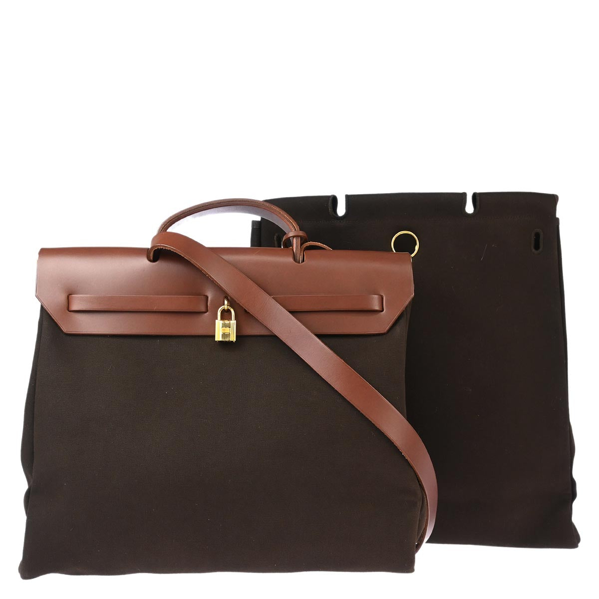 Hermes 2002 Brown Toile Officier Herbag MM 2 in 1 2way Shoulder Handbag