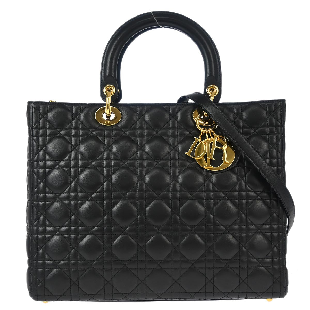 Christian Dior 2000 Black Lambskin Large Lady Dior Cannage 2way Shoulder Handbag