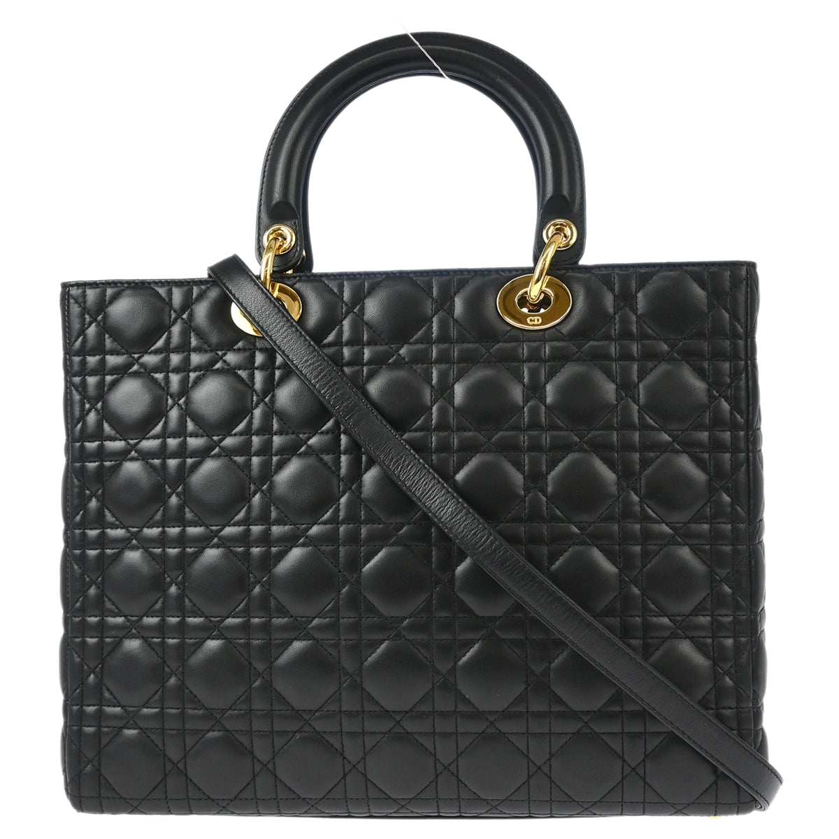 Christian Dior 2000 Black Lambskin Large Lady Dior Cannage 2way Shoulder Handbag