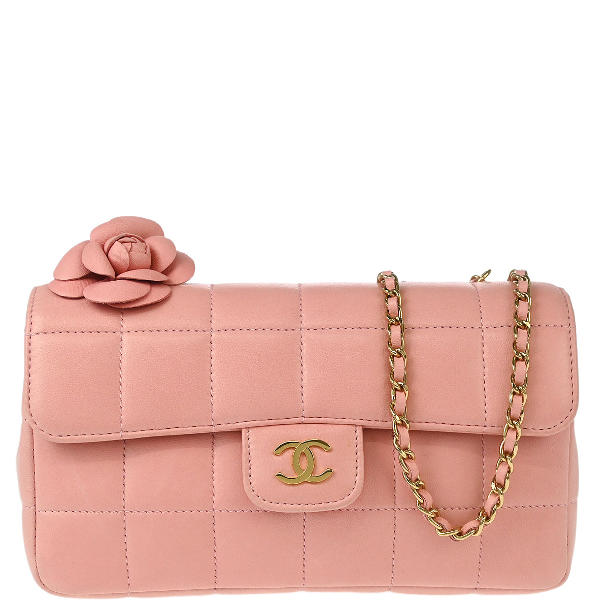 Chanel 2003-2004 Pink Lambskin Choco Bar Camellia Shoulder Bag