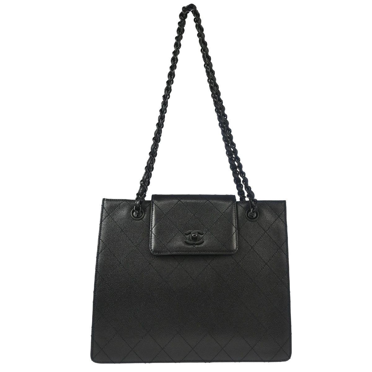 Chanel 1997-1999 Black Caviar Chain Tote Shoulder Bag