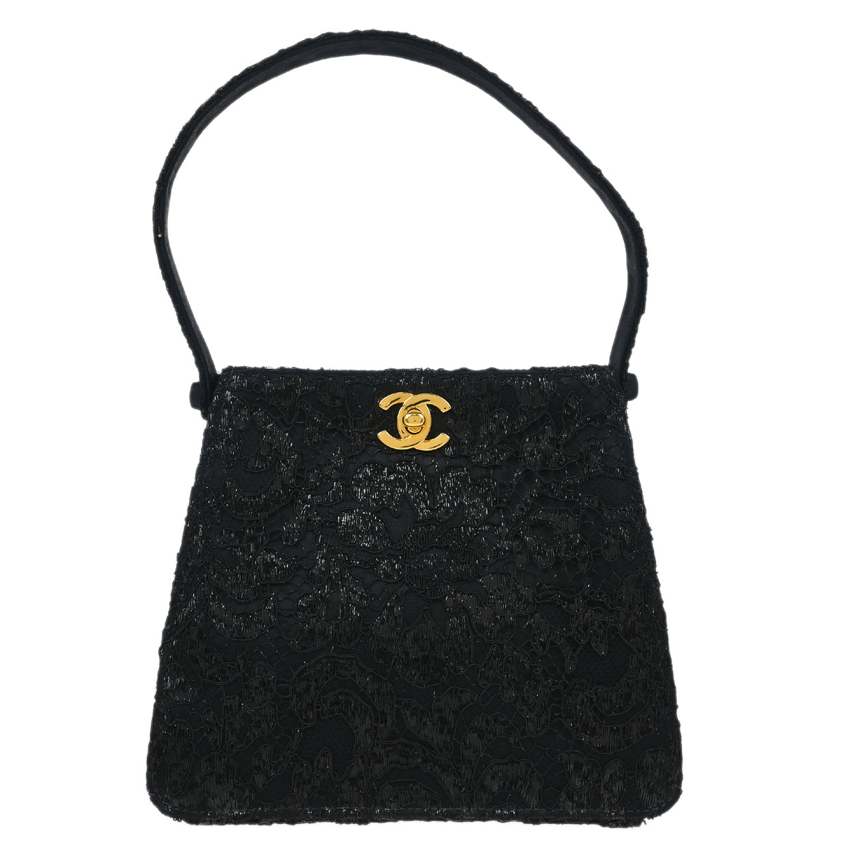 Chanel 1997-1999 Black Satin Lace Double Sided Turnlock Handbag