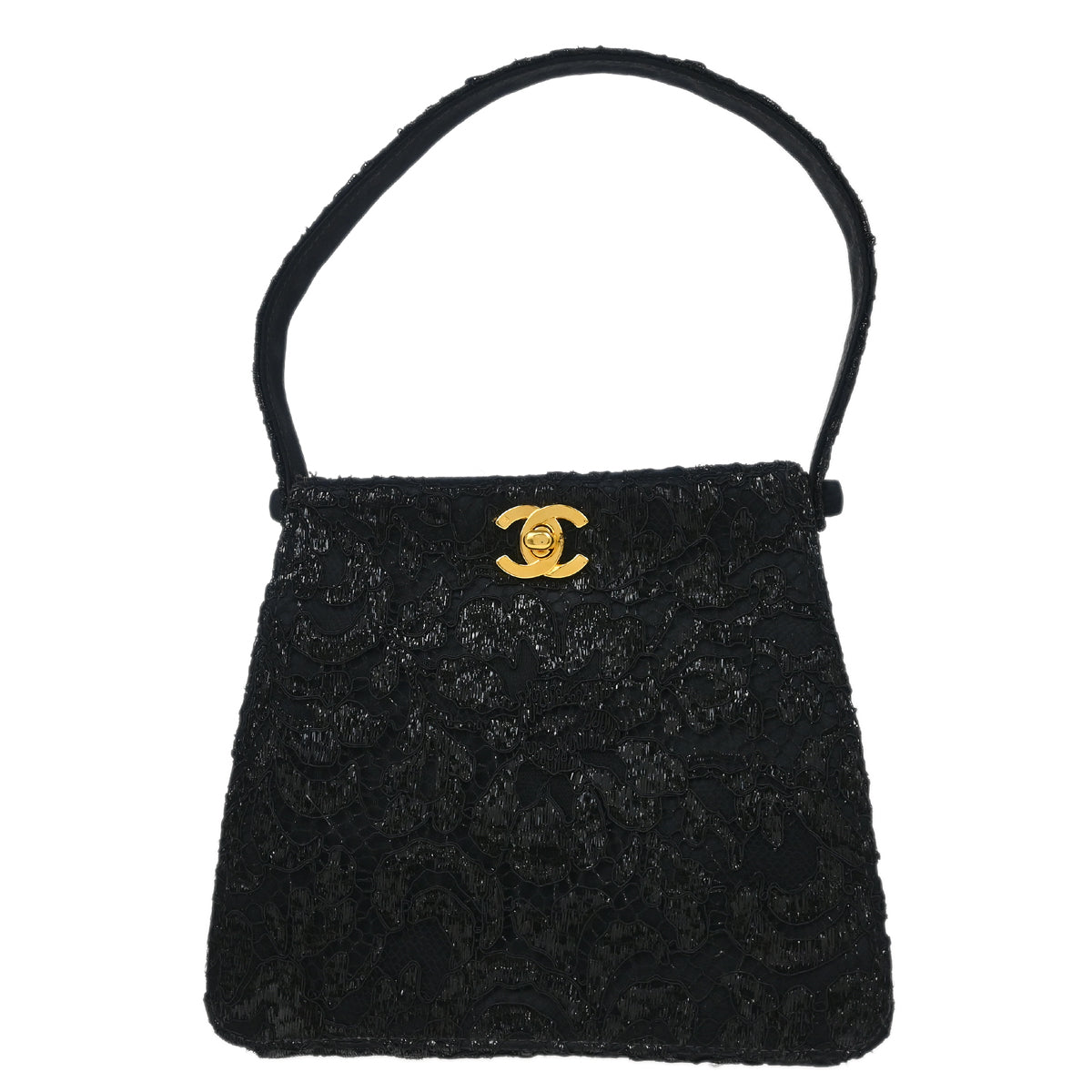Chanel 1997-1999 Black Satin Lace Double Sided Turnlock Handbag