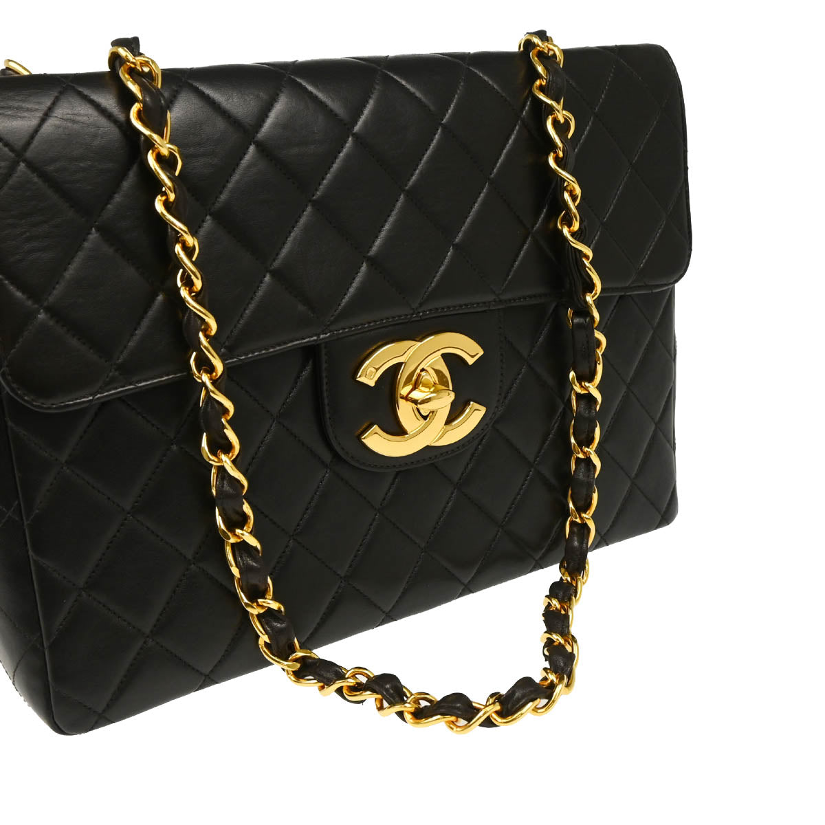 Chanel 1996-1997 Black Lambskin Jumbo Classic Flap Shoulder Bag