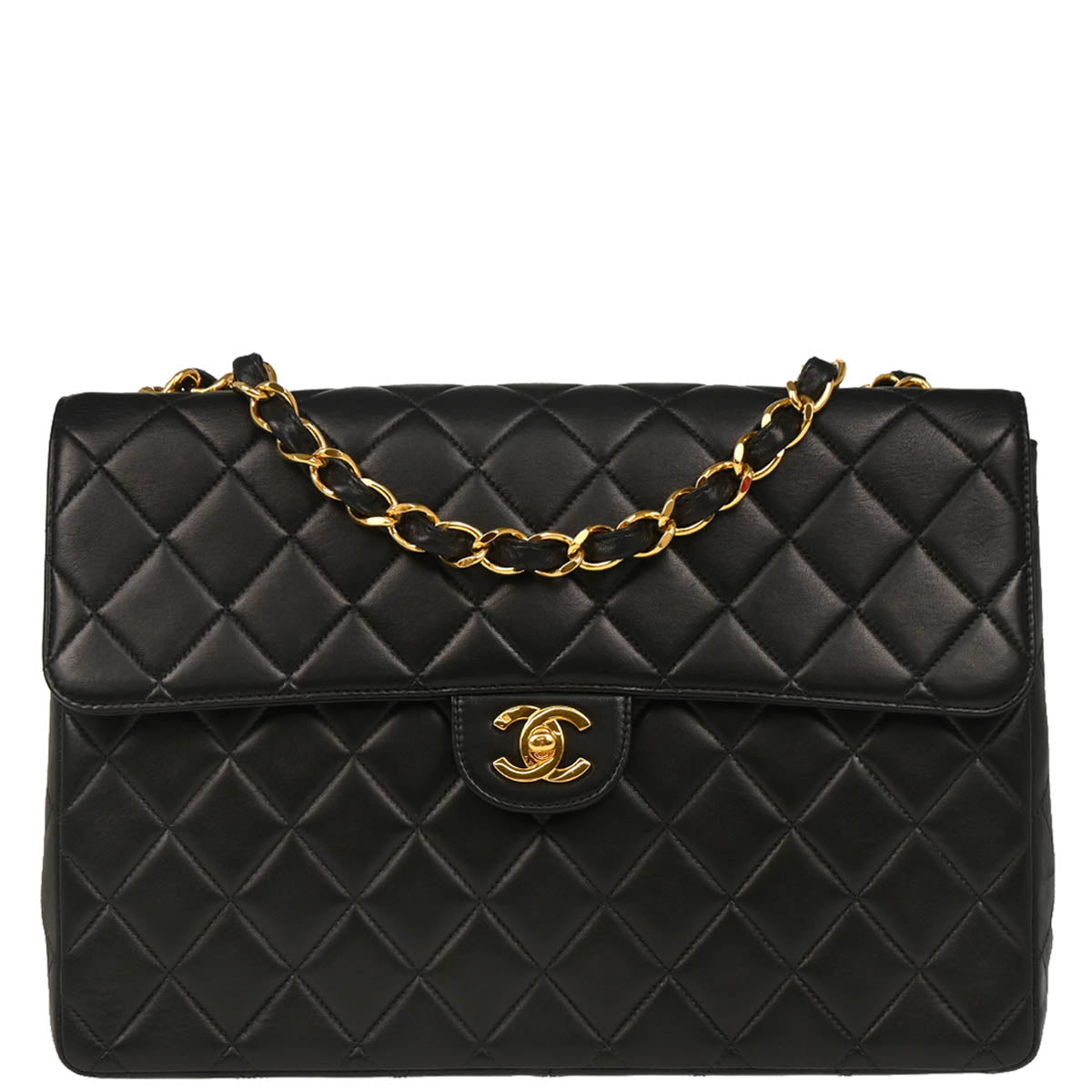 Chanel 2000-2001 Black Lambskin Jumbo Classic Flap Shoulder Bag