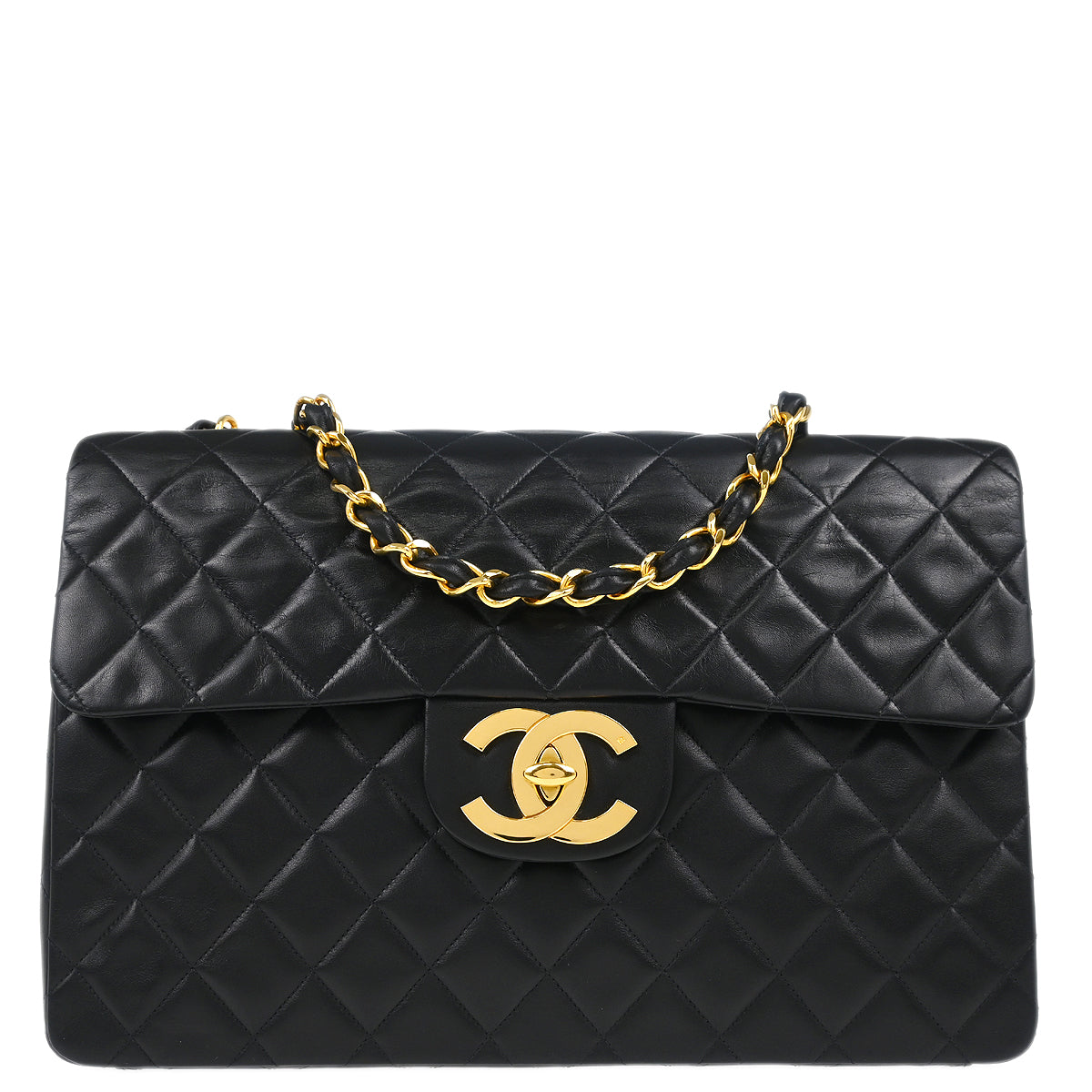 Chanel 1991-1994 Black Lambskin Maxi Classic Flap Shoulder Bag