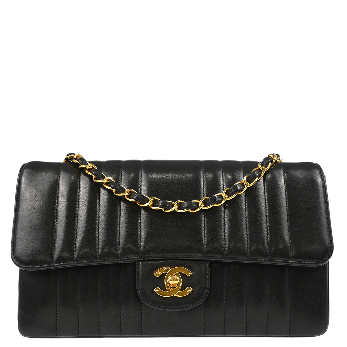 Chanel 1991-1994 Black Lambskin Vertical Stitch Single Flap Shoulder Bag