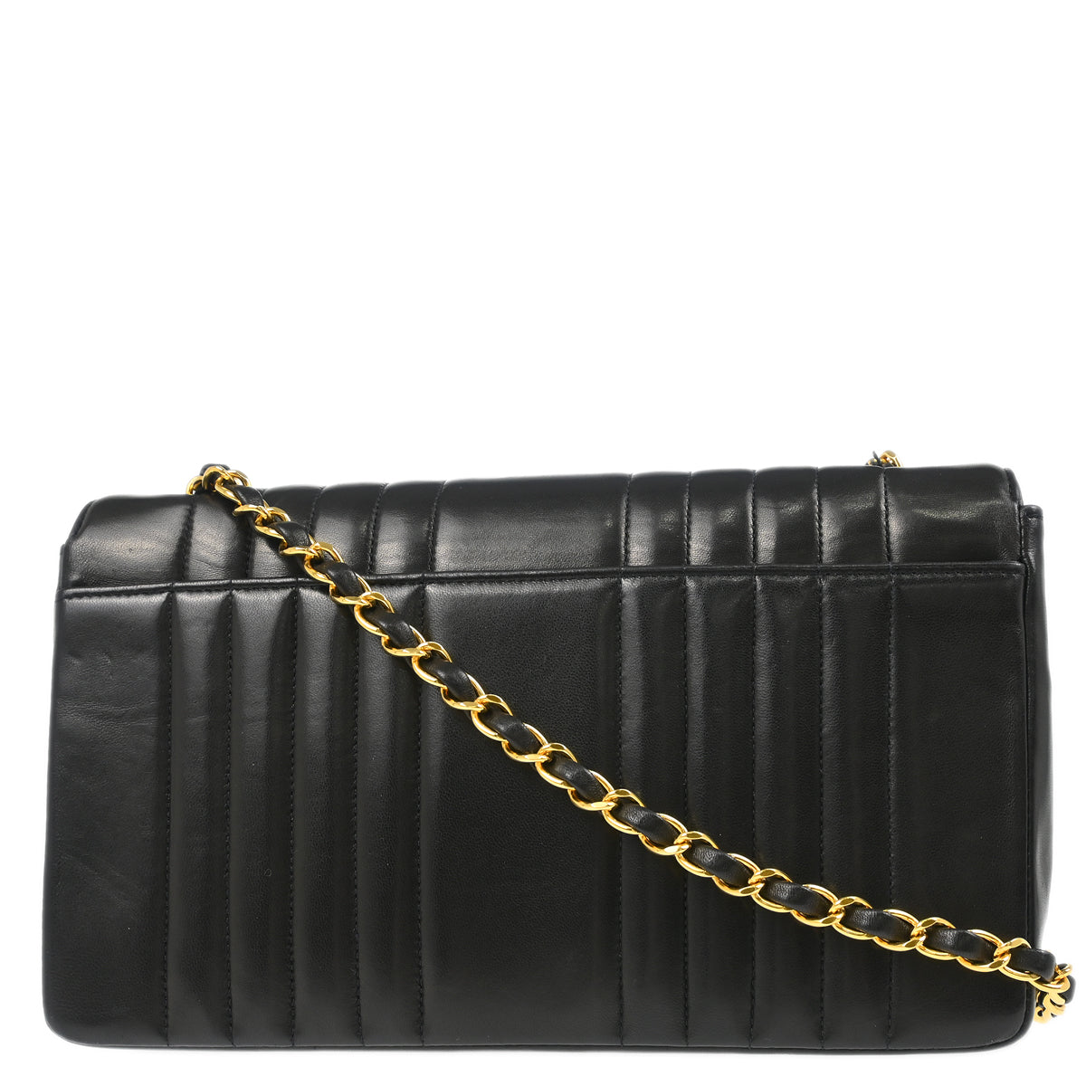 Chanel 1991-1994 Black Lambskin Vertical Stitch Single Flap Shoulder Bag