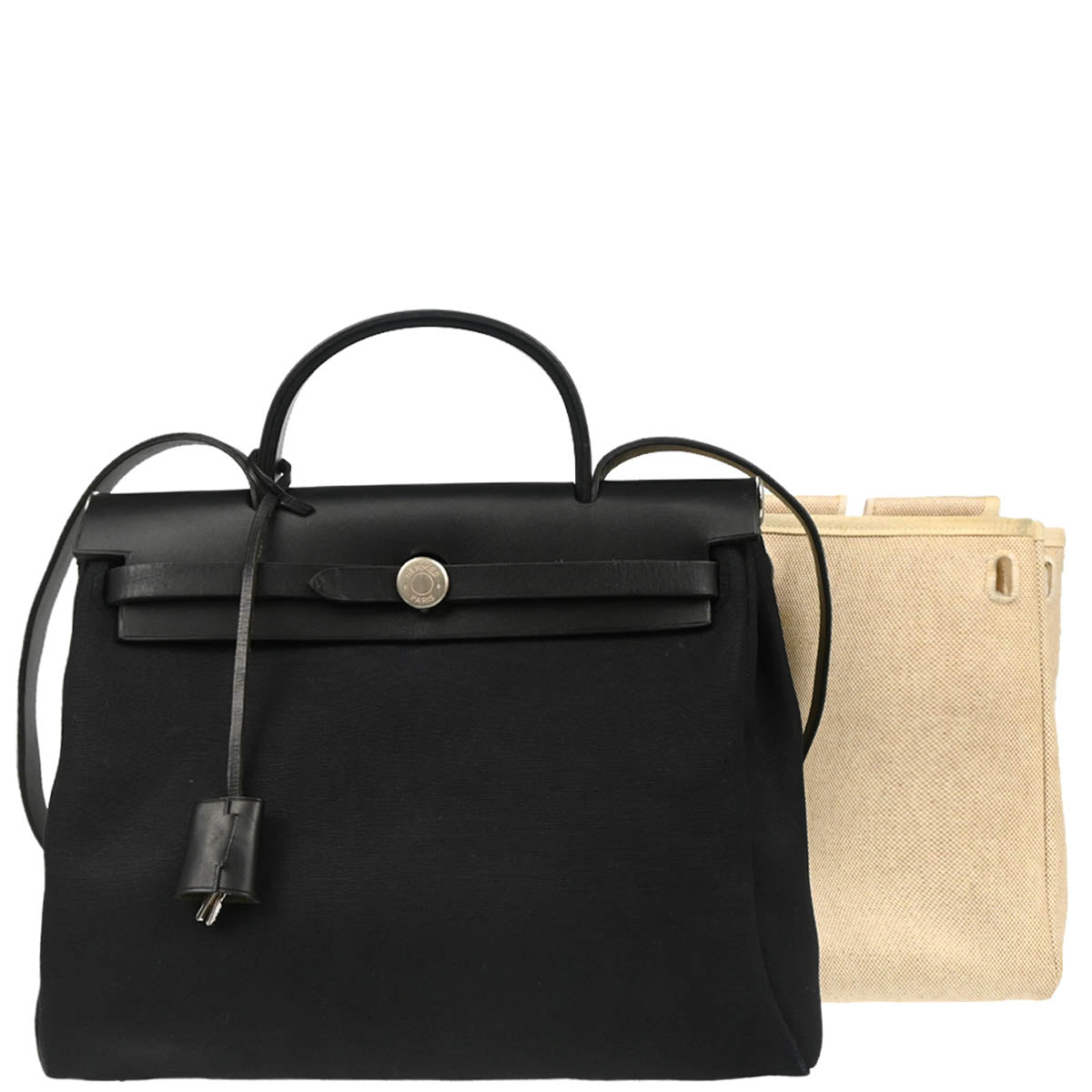 Hermes 2000 Black Beige Toile Officier H Herbag PM 2 in 1 2way Shoulder Handbag