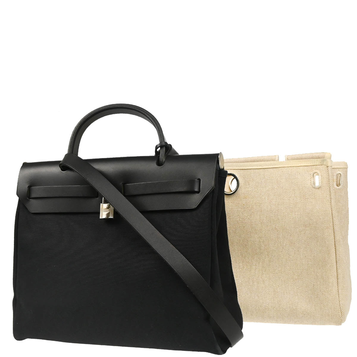 Hermes 2000 Black Beige Toile Officier H Herbag PM 2 in 1 2way Shoulder Handbag