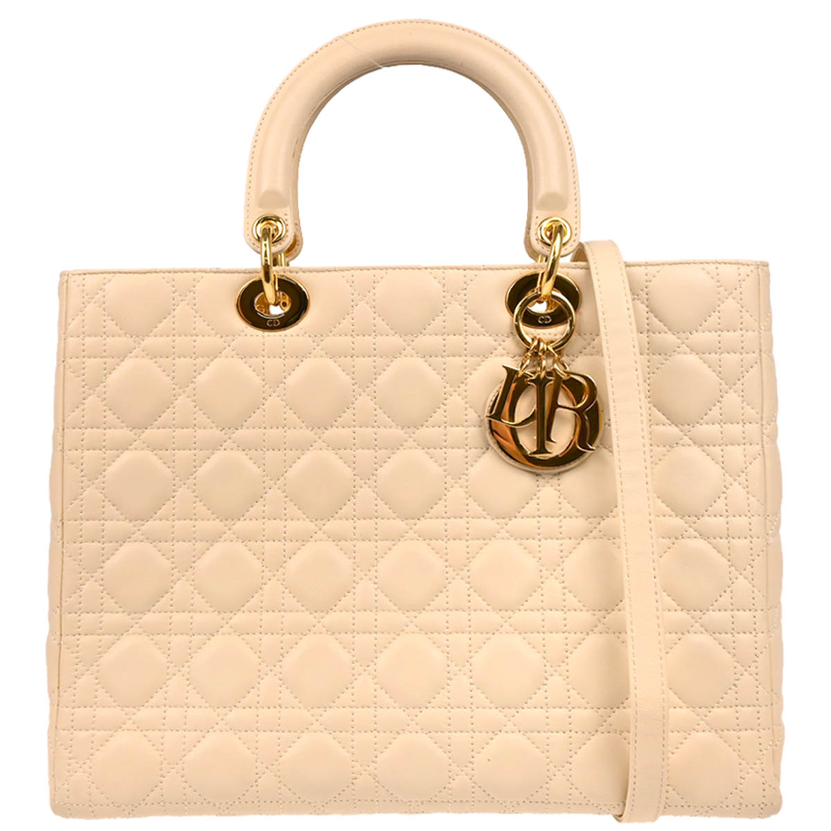 Christian Dior 2007 Beige Lambskin Large Lady Dior Cannage 2way Shoulder Handbag
