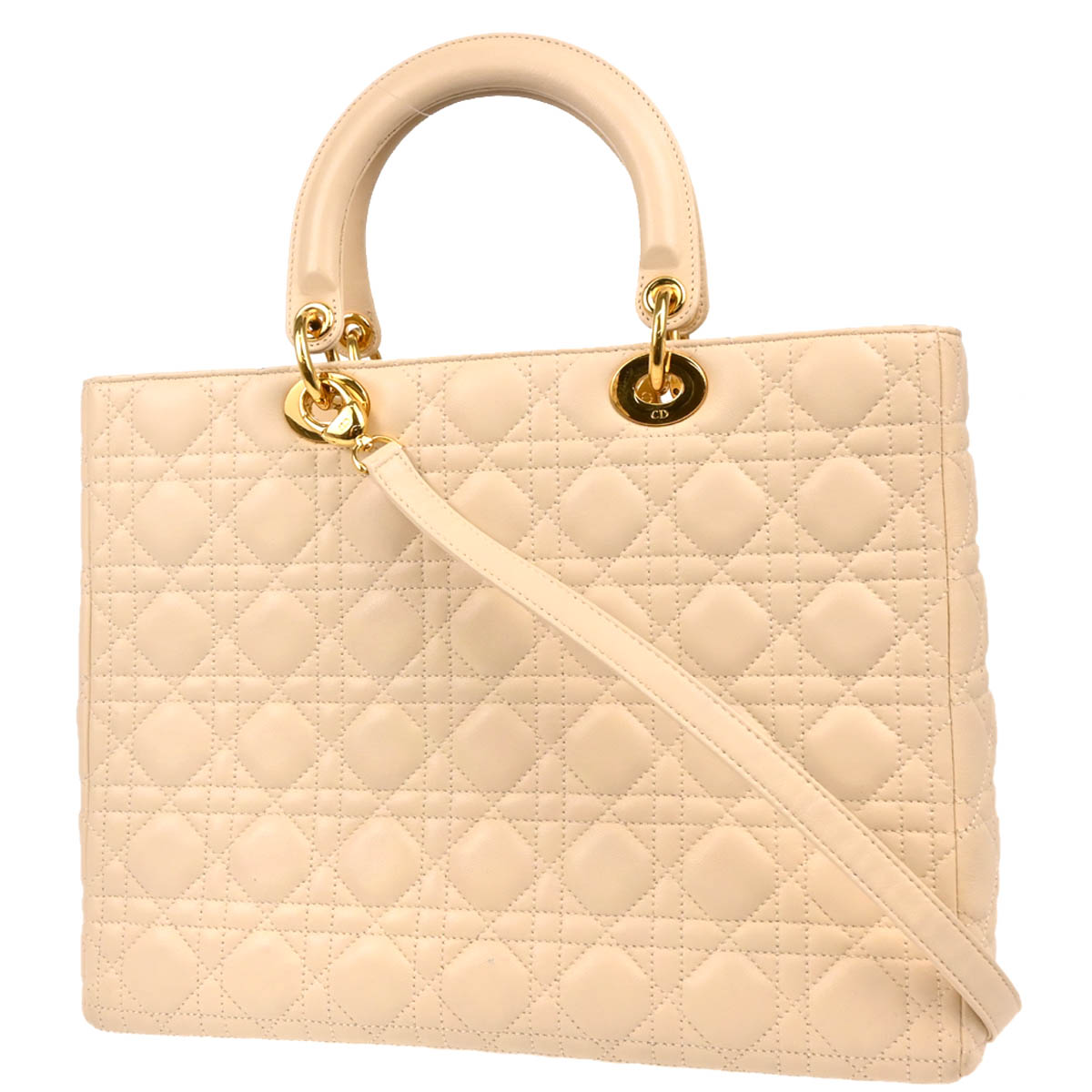 Christian Dior 2007 Beige Lambskin Large Lady Dior Cannage 2way Shoulder Handbag