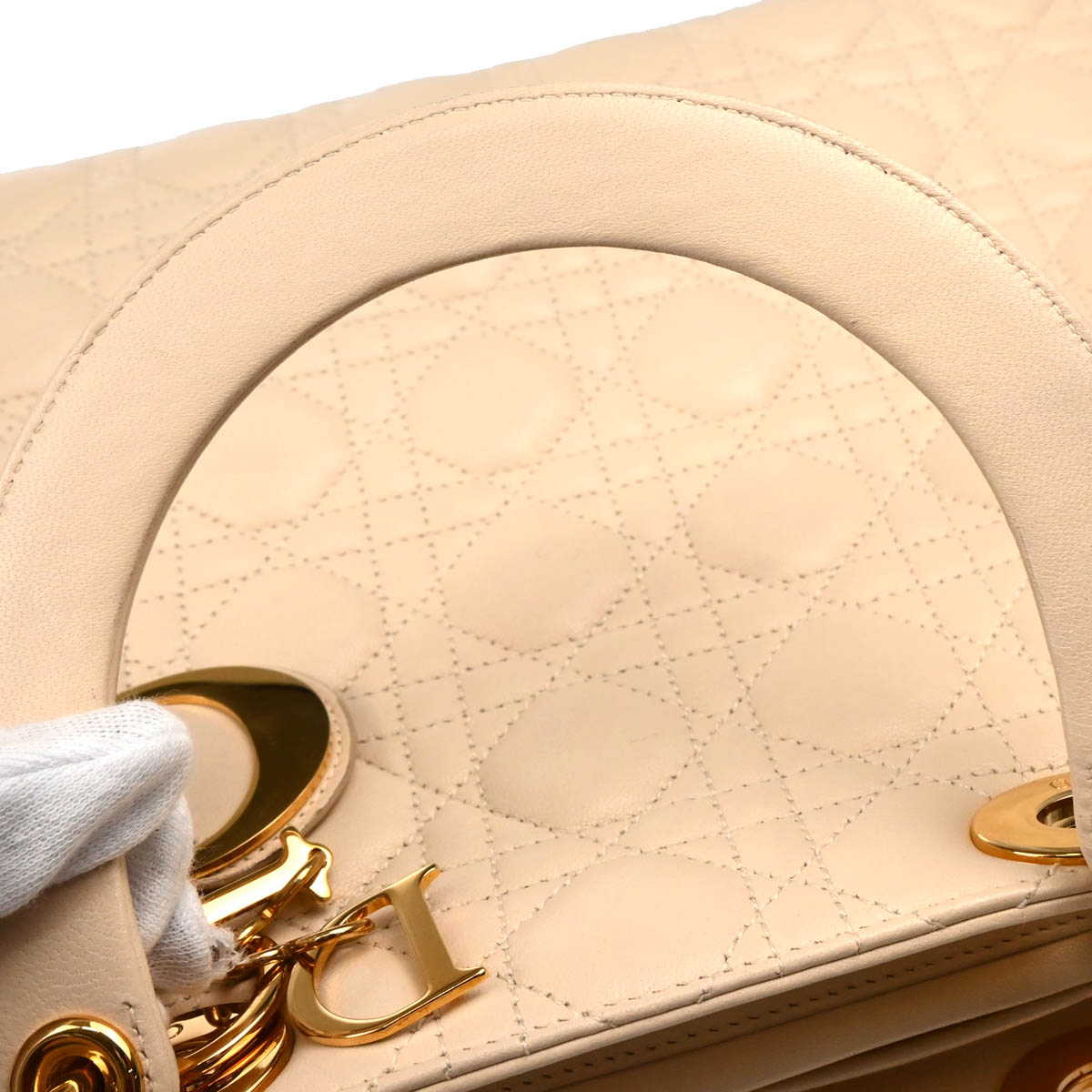 Christian Dior 2007 Beige Lambskin Large Lady Dior Cannage 2way Shoulder Handbag
