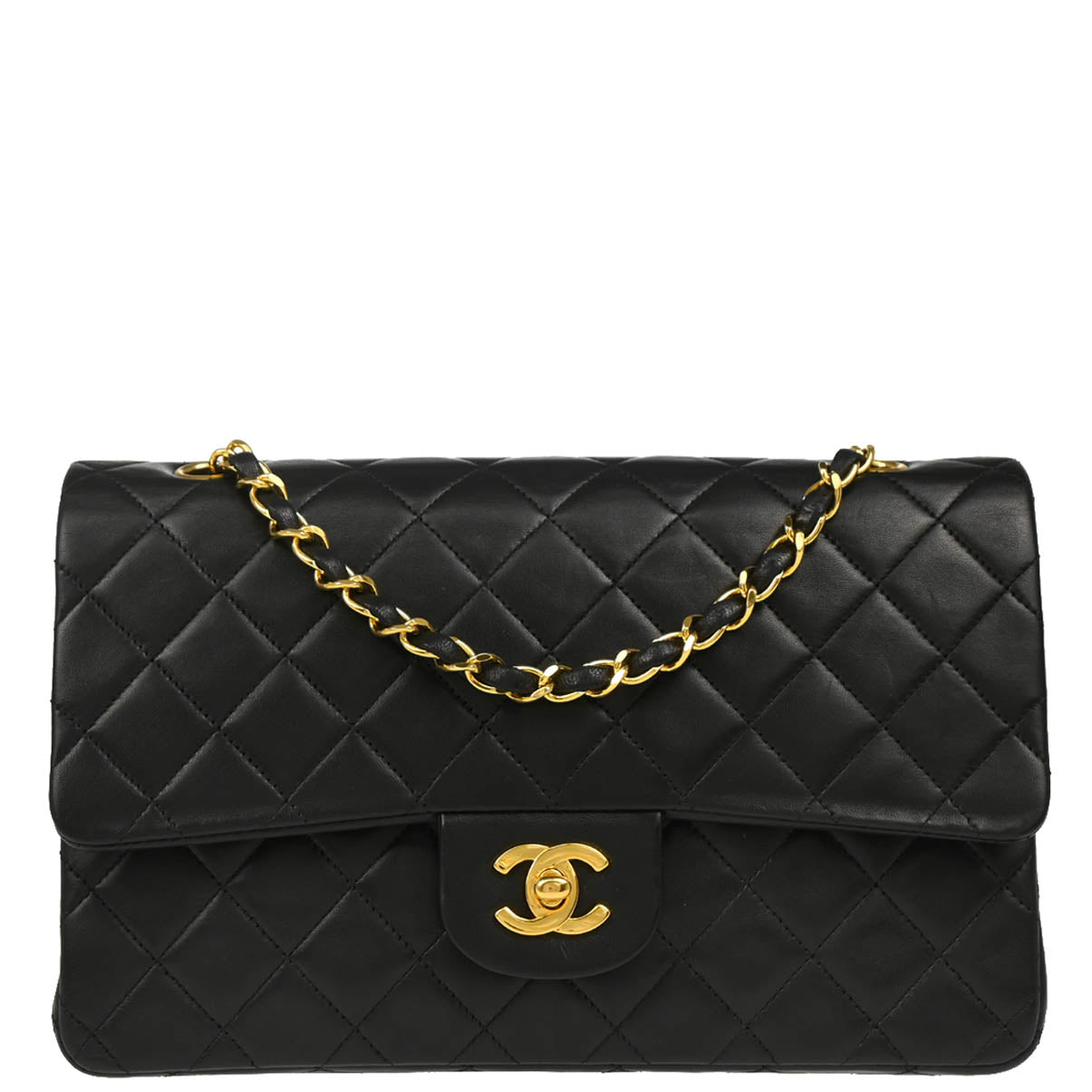 Chanel 1989-1991 Black Lambskin Medium Classic Double Flap Shoulder Bag