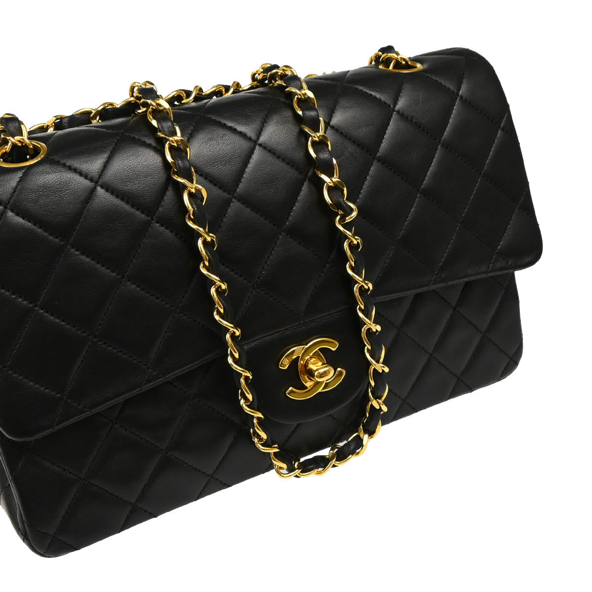 Chanel 1989-1991 Black Lambskin Medium Classic Double Flap Shoulder Bag